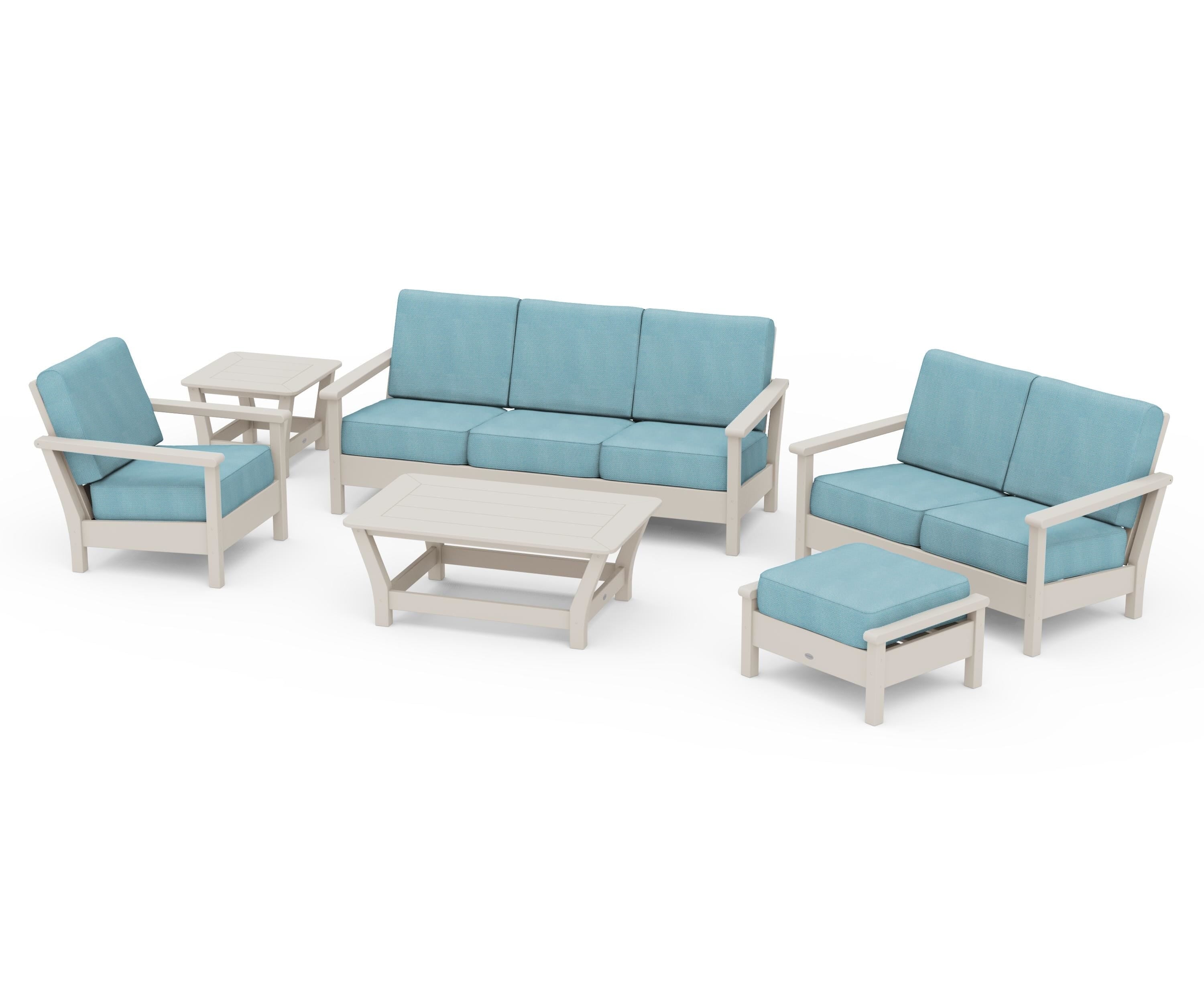 POLYWOOD Harbour 6-Piece Outdoor Living Set in Sand / Lattice Sky Blue