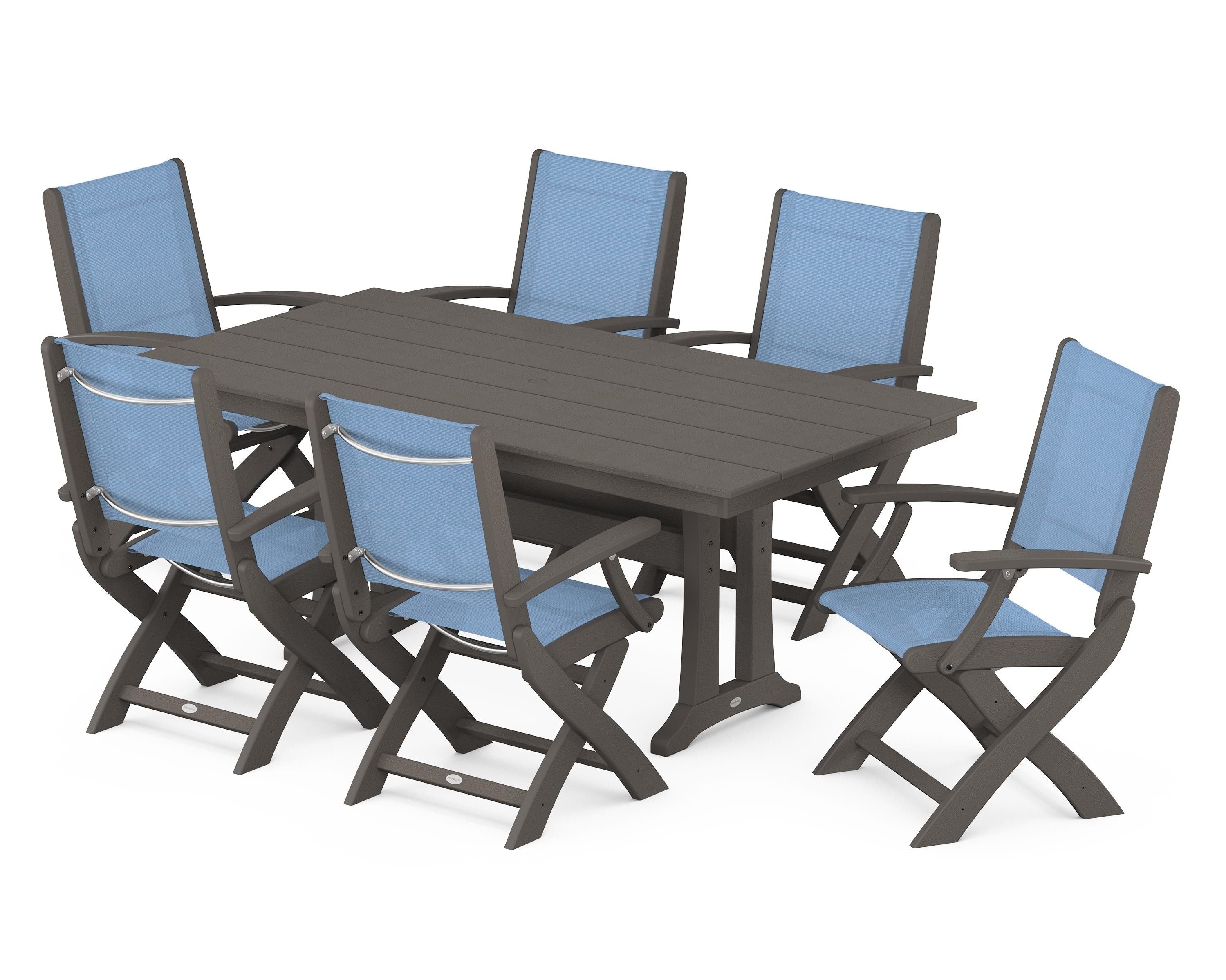 POLYWOOD Coastal Folding Arm Chair 7-Piece Farmhouse Dining Set with Trestle Legs in Vintage Coffee / Poolside Sling