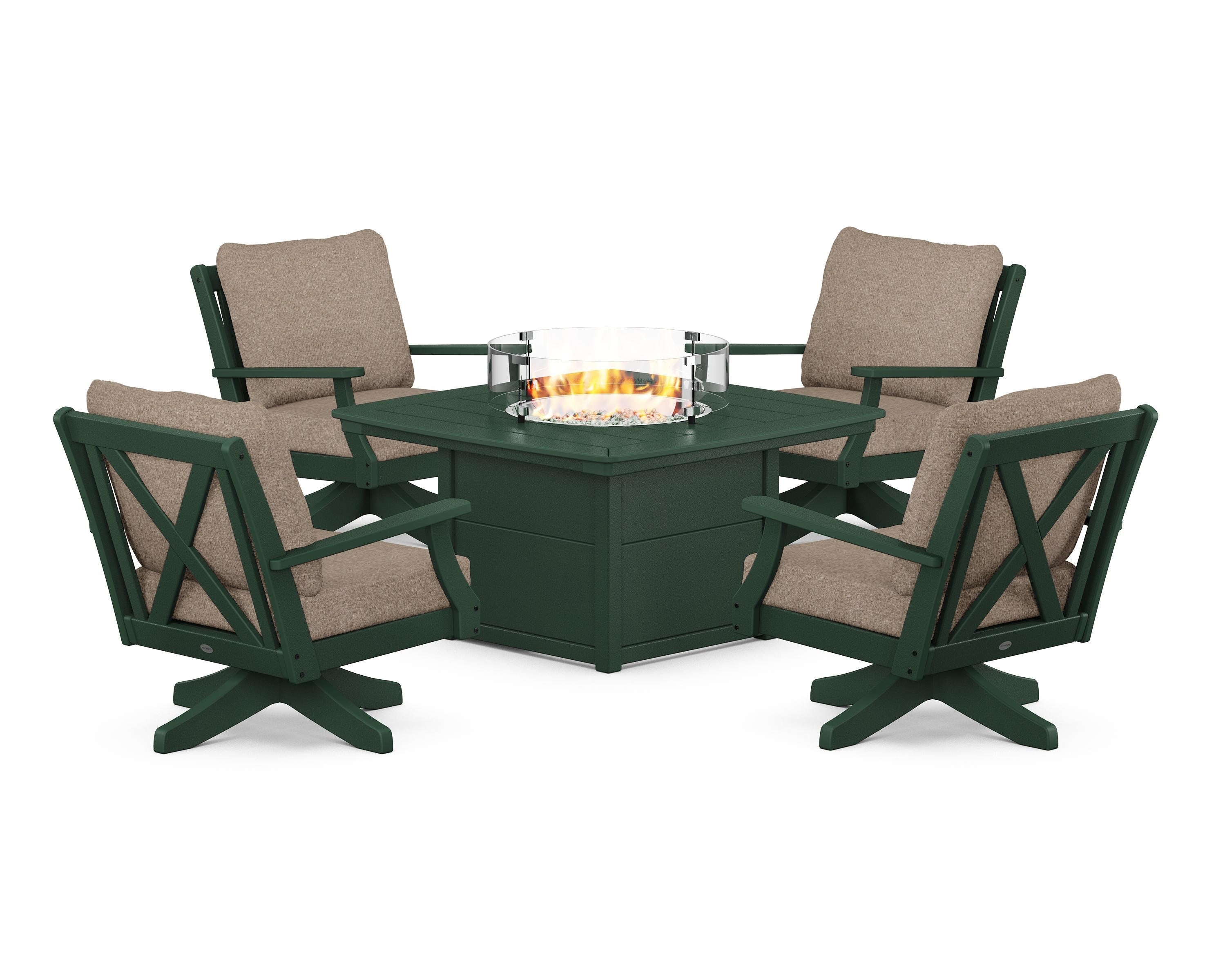 POLYWOOD Braxton 5-Piece Deep Seating Swivel Conversation Set with Fire Pit Table in Green / Spiced Burlap
