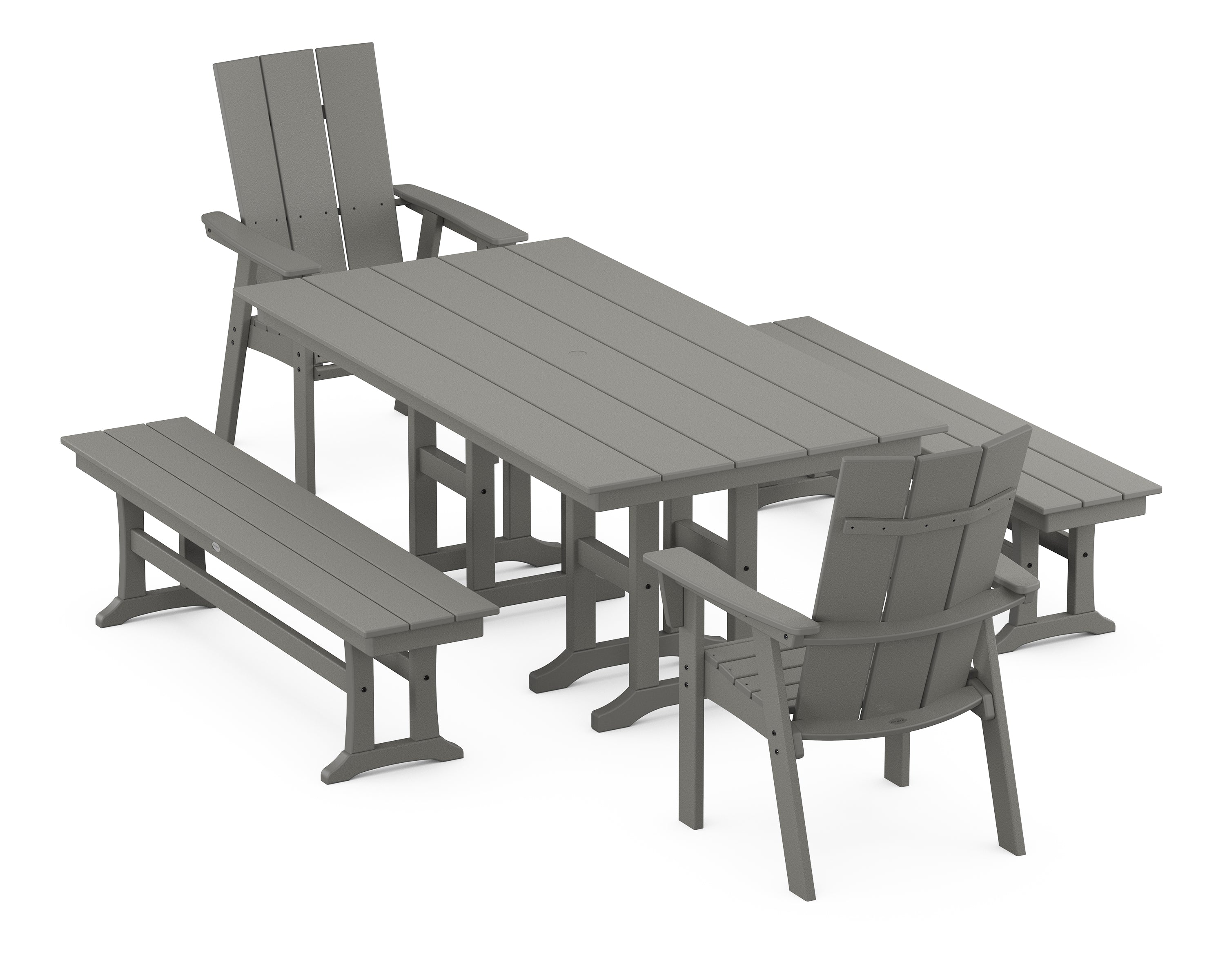 POLYWOOD® Modern Curveback Adirondack 5-Piece Farmhouse Dining Set with Benches in Slate Grey