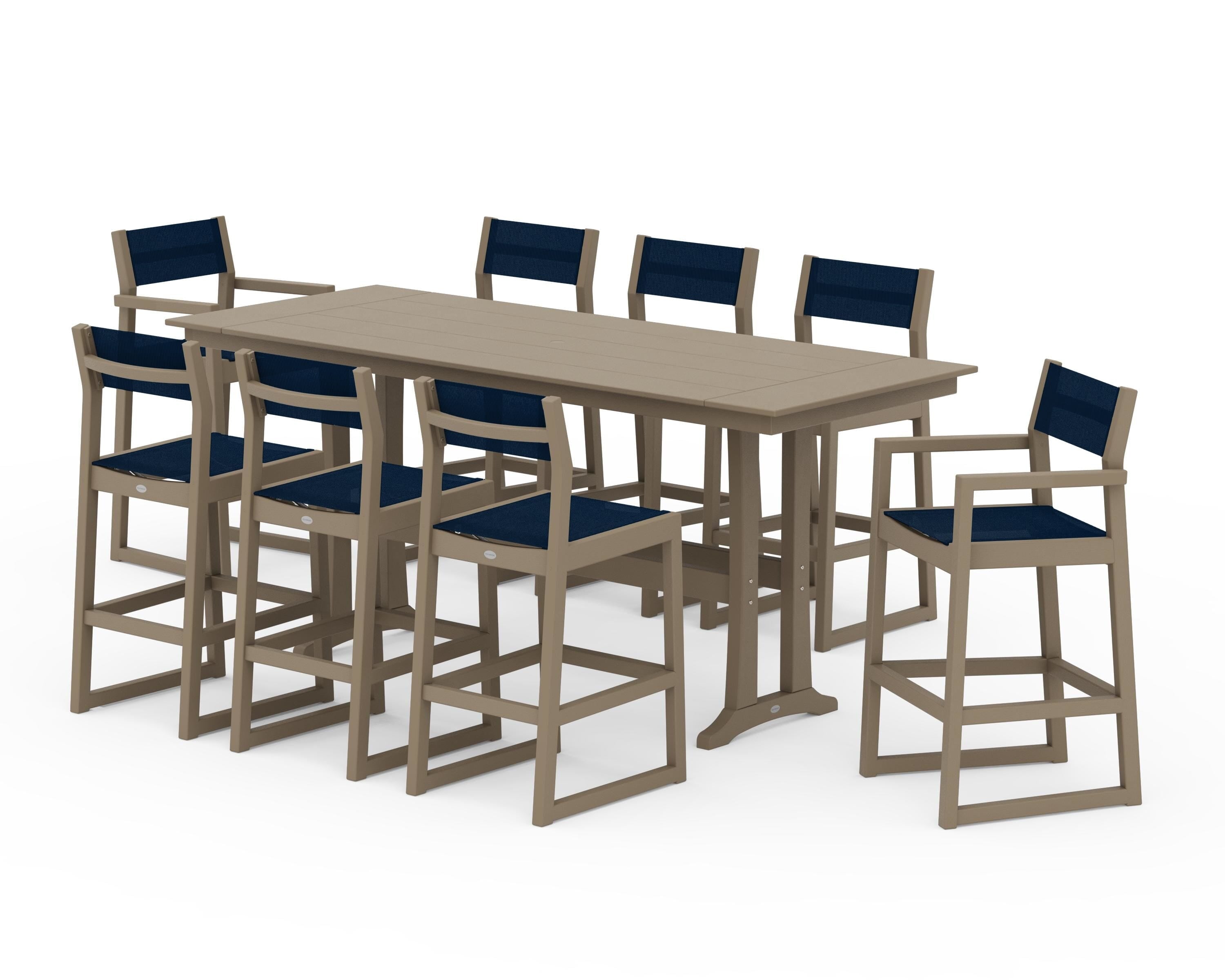 POLYWOOD EDGE Sling 9-Piece Farmhouse Bar Set with Trestle Legs in Vintage Sahara / Navy Blue Sling