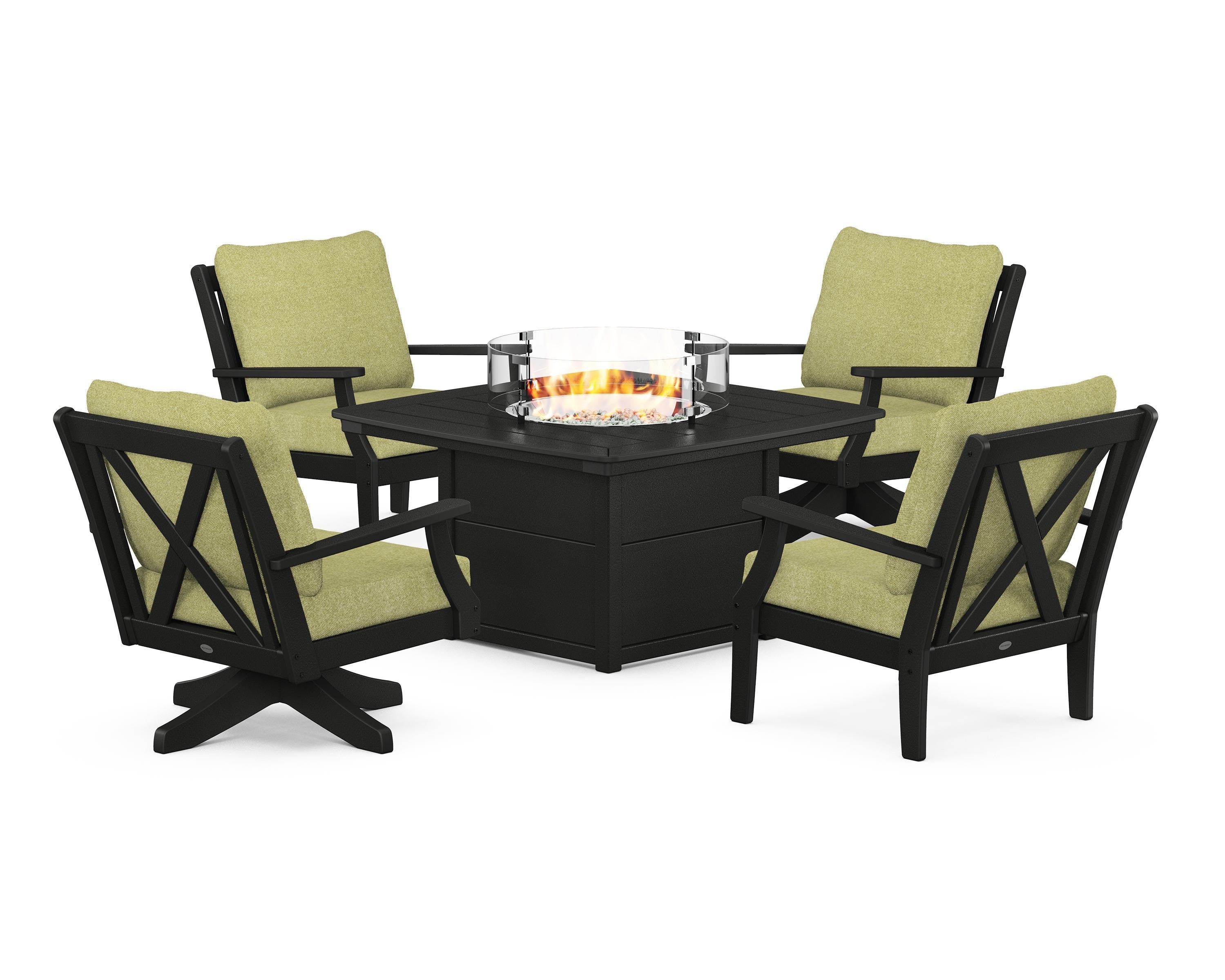 POLYWOOD Braxton 5-Piece Deep Seating Set with Fire Table in Black / Chartreuse Boucle