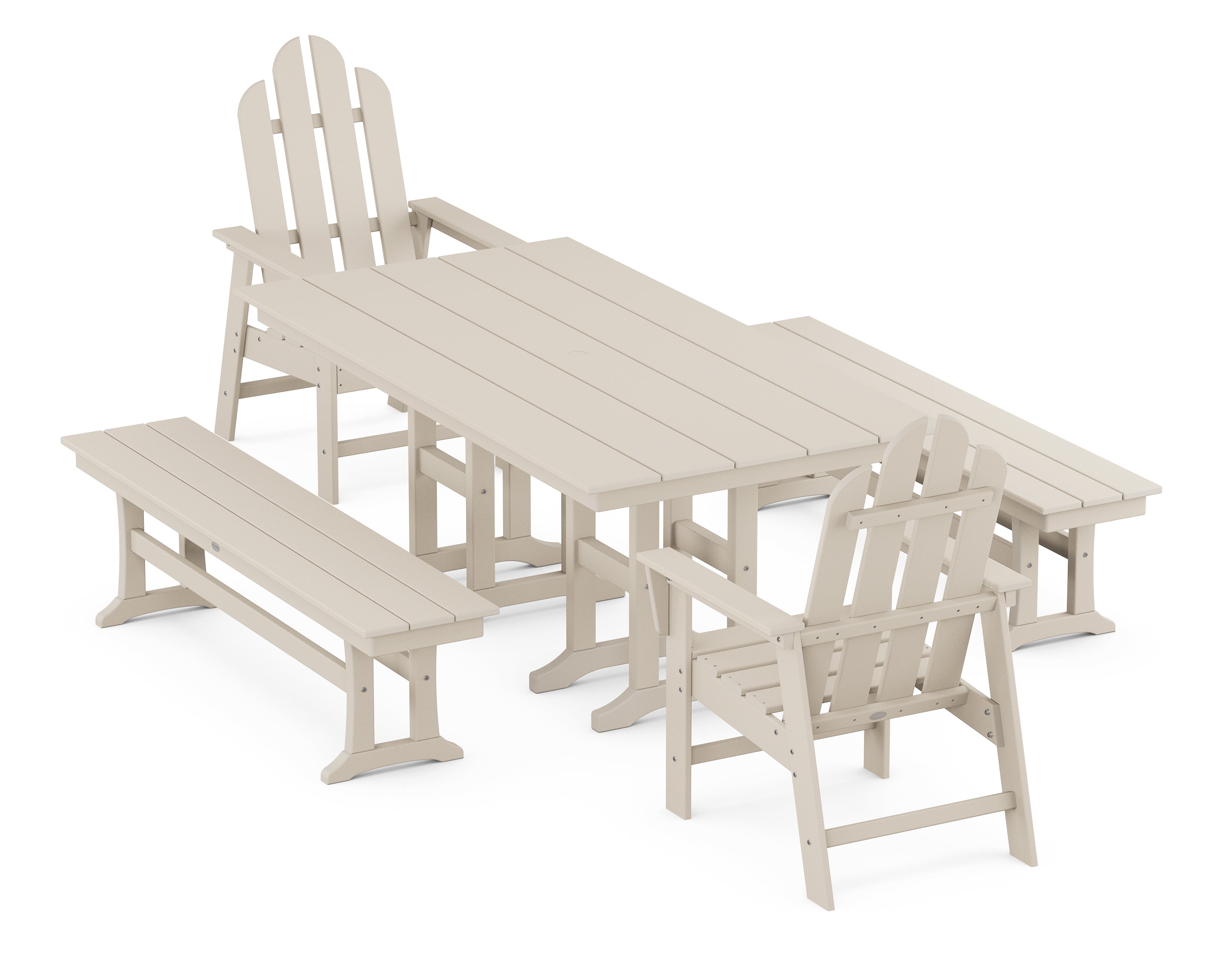 POLYWOOD Long Island 5-Piece Farmhouse Dining Set with Benches in Sand