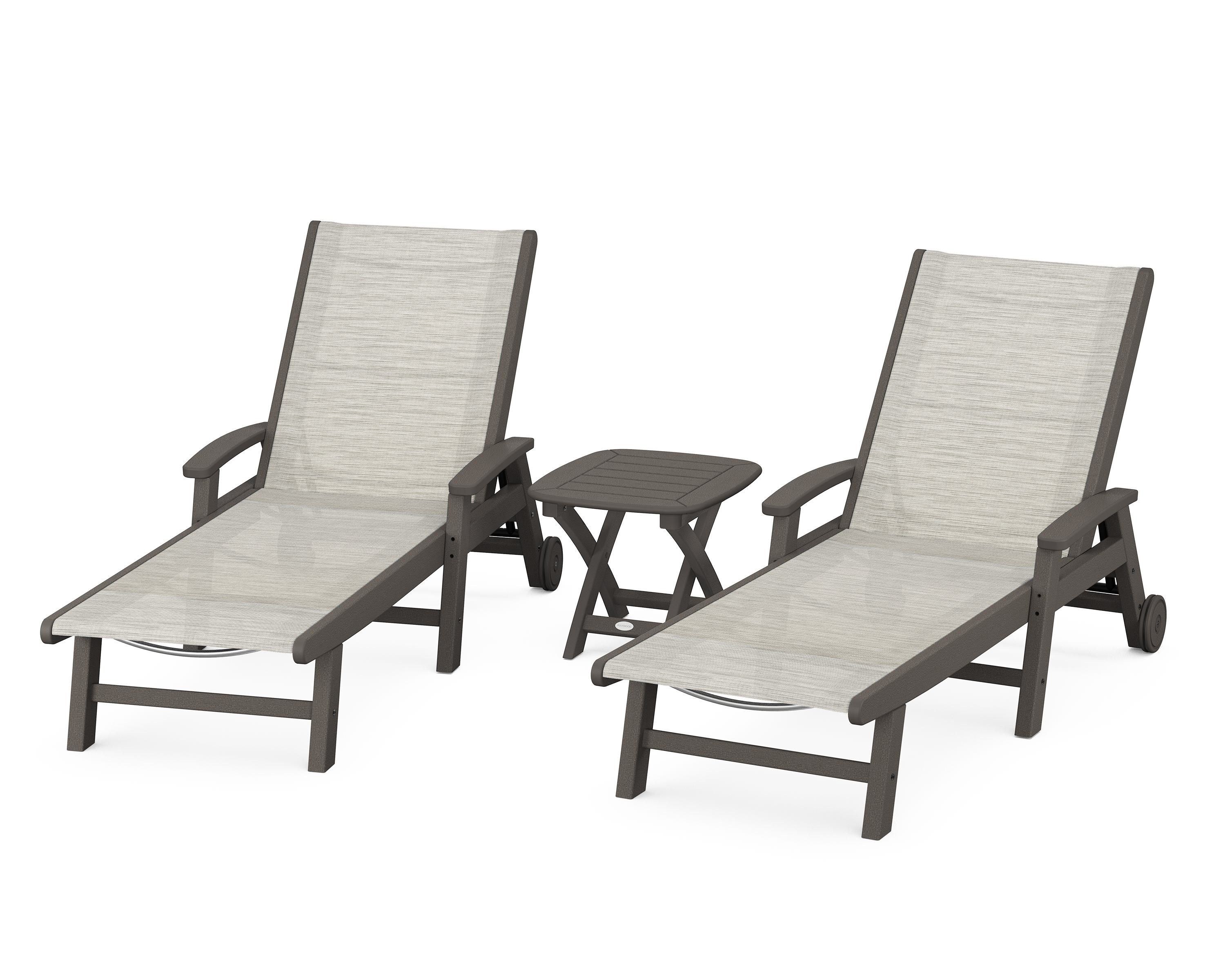 POLYWOOD Coastal 3-Piece Wheeled Chaise Set in Vintage Coffee / Birch Sling