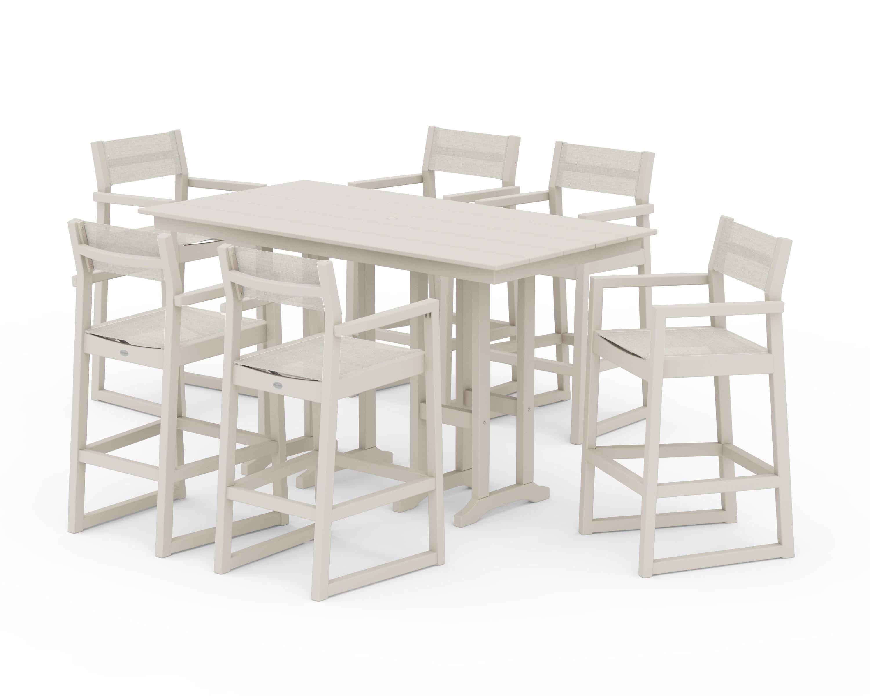 POLYWOOD EDGE Sling Arm Chair 7-Piece Farmhouse Bar Set in Sand / Parchment Sling