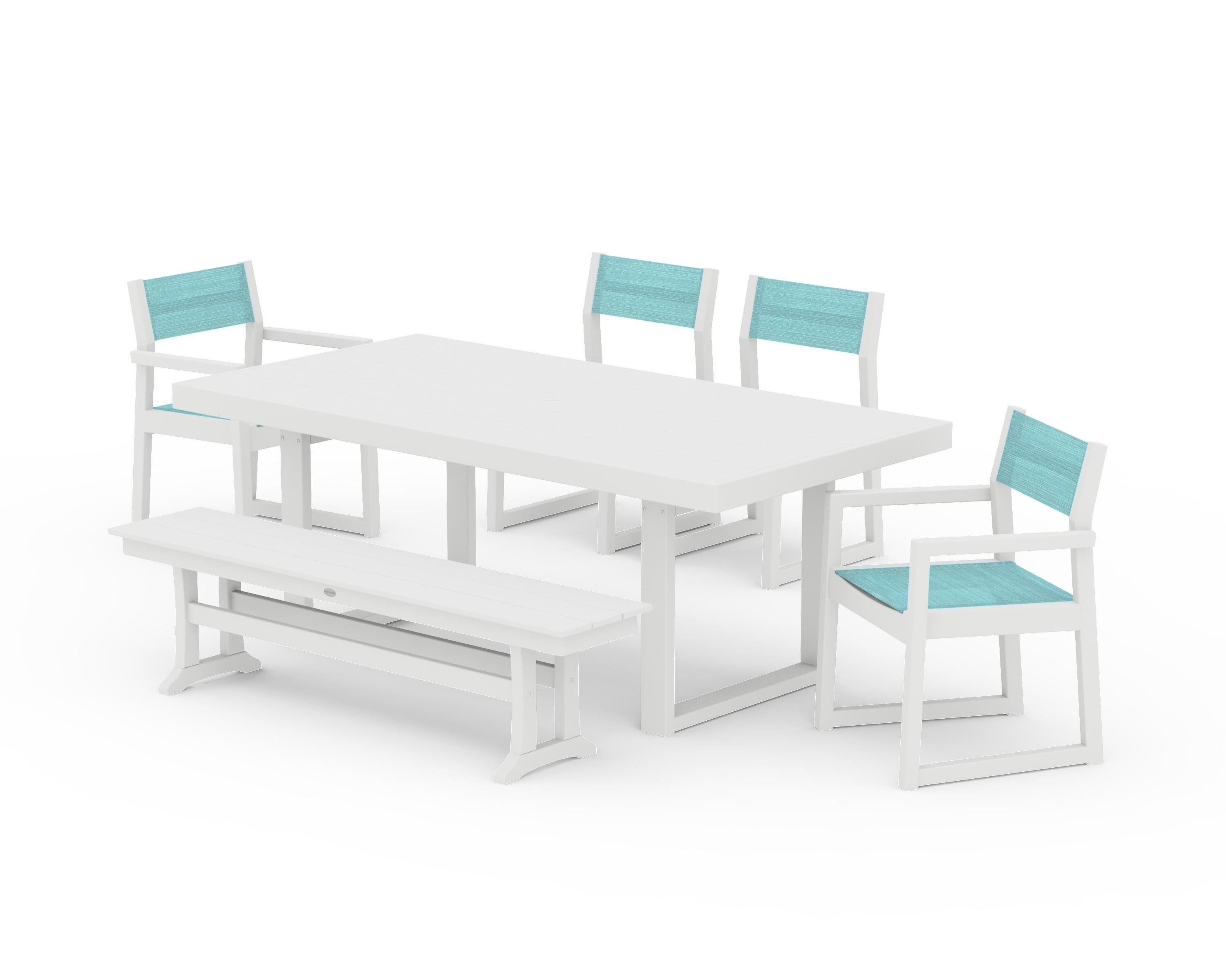 POLYWOOD EDGE Sling 6-Piece Dining Set with Bench in White / Dupioni Aquamarine Sling