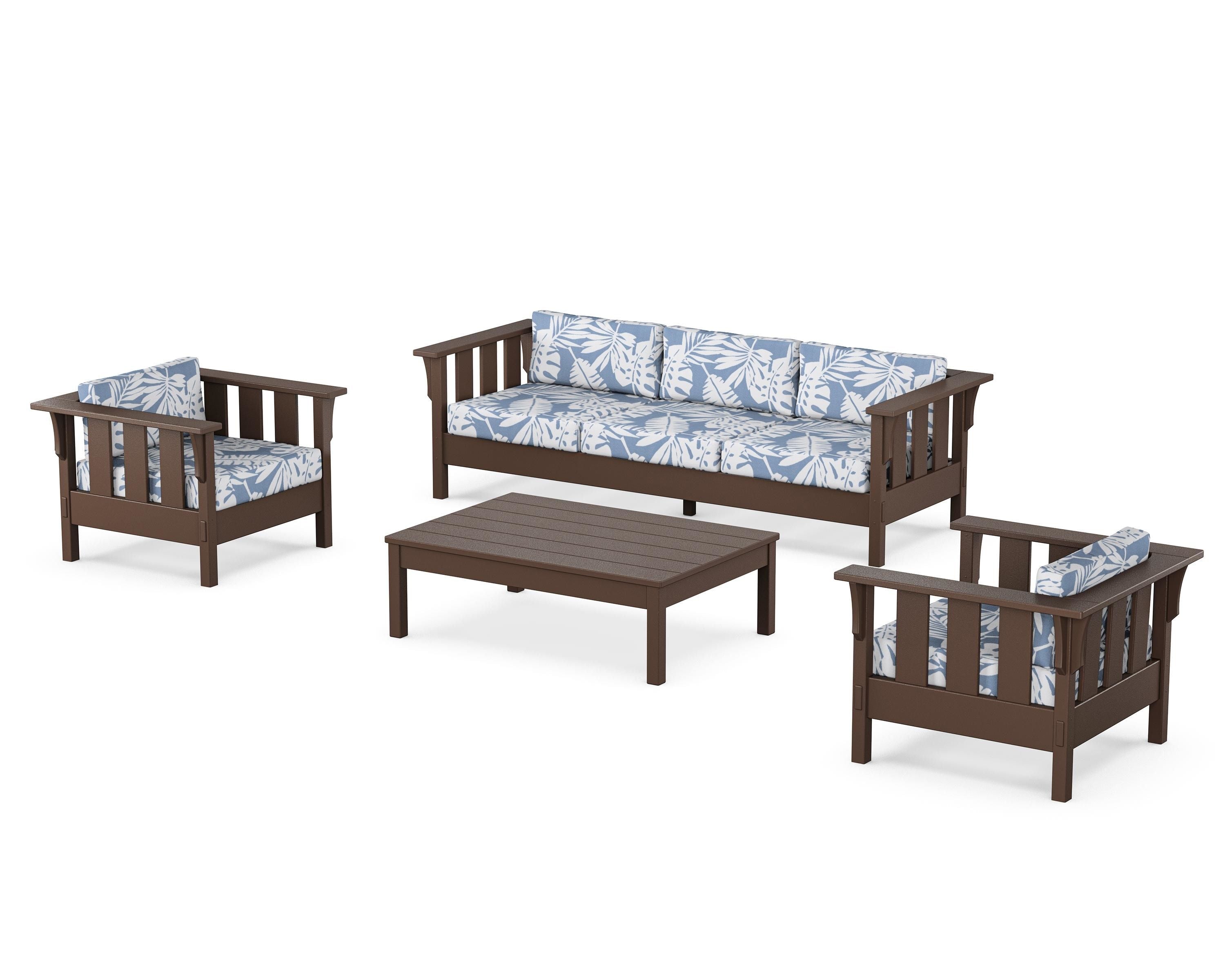 Martha Stewart by POLYWOOD Acadia 4-Piece Deep Seating Set with Sofa in Mahogany / Leaf Sky Blue