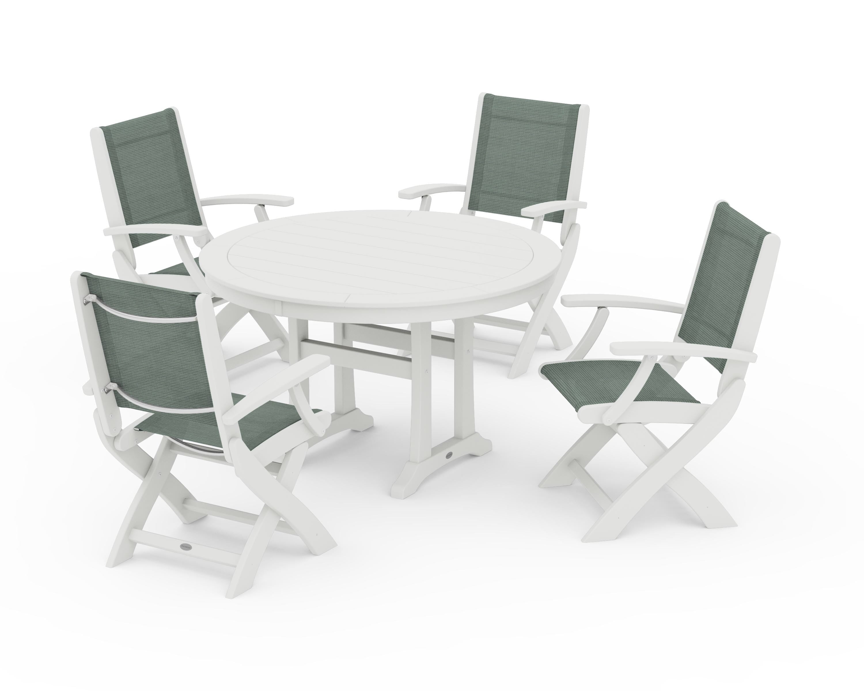 POLYWOOD Coastal Folding Chair 5-Piece Round Dining Set with Trestle Legs in Vintage White / Dupioni Sea Mist Sling