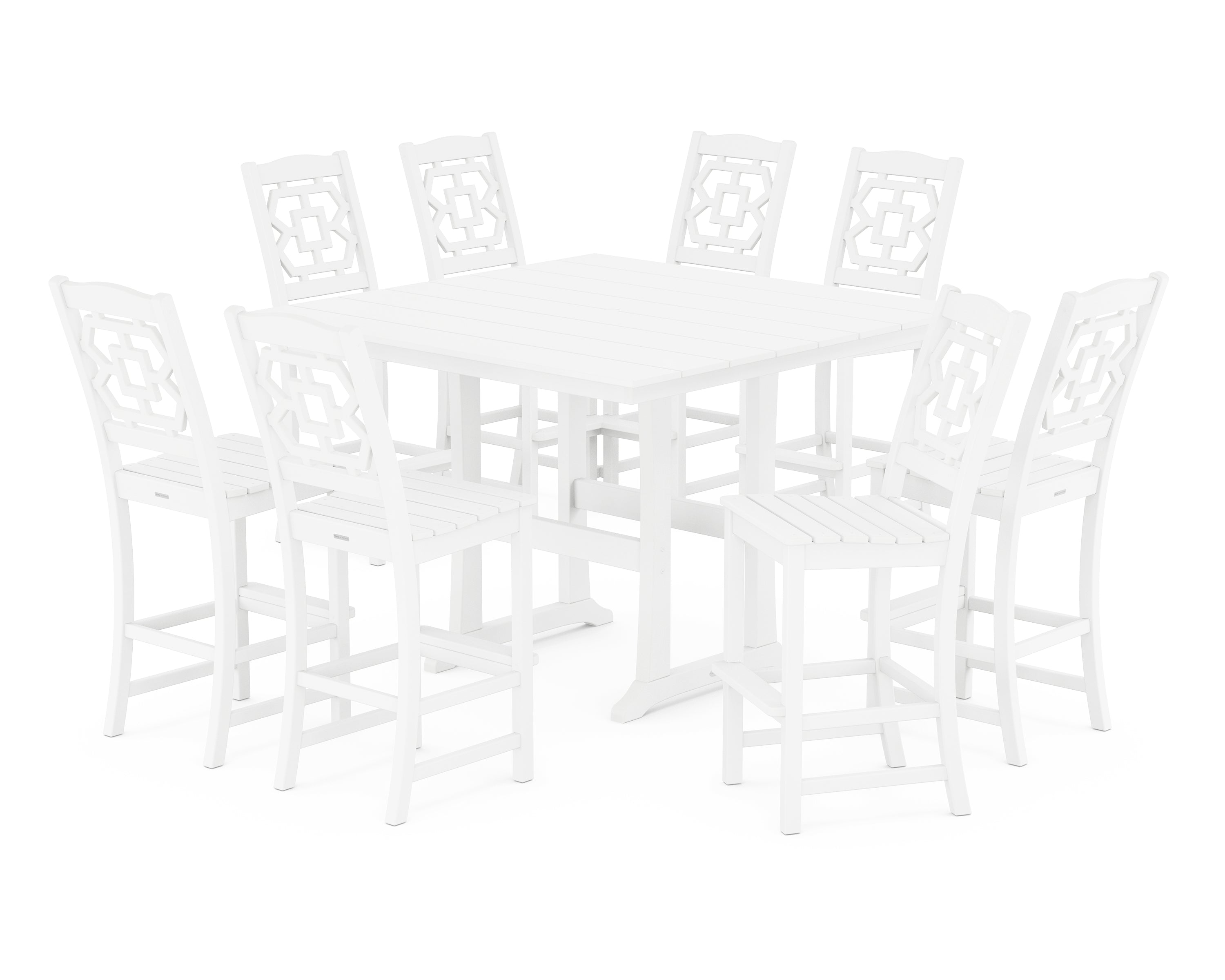 Martha Stewart by POLYWOOD Chinoiserie 9-Piece Square Farmhouse Side Chair Bar Set with Trestle Legs in White