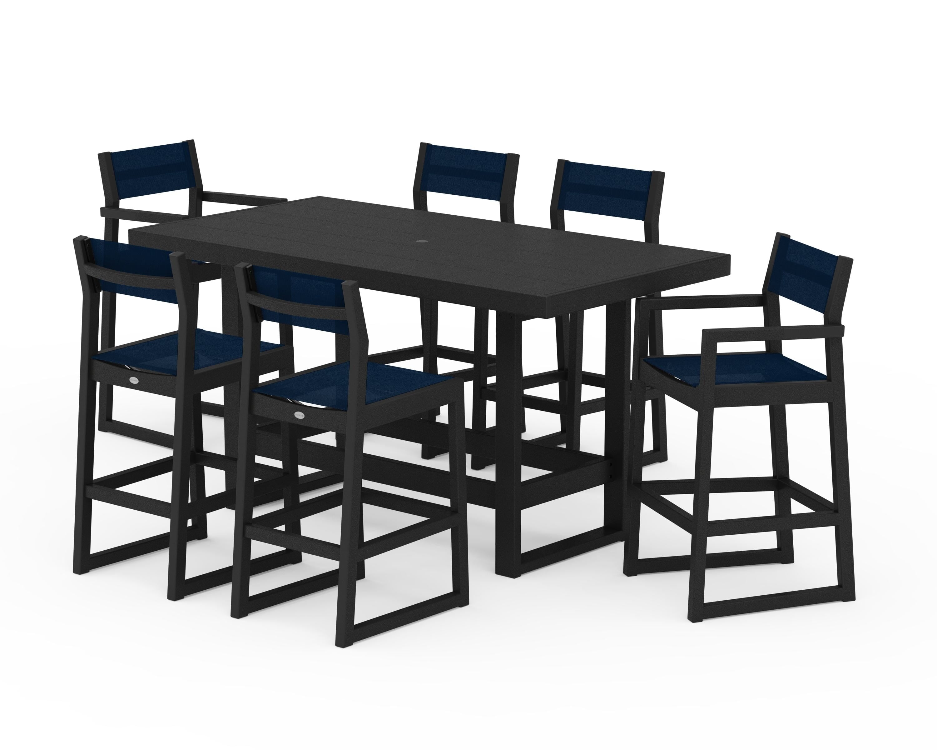 POLYWOOD EDGE Sling 7-Piece Bar Table Set in Black / Navy Blue Sling