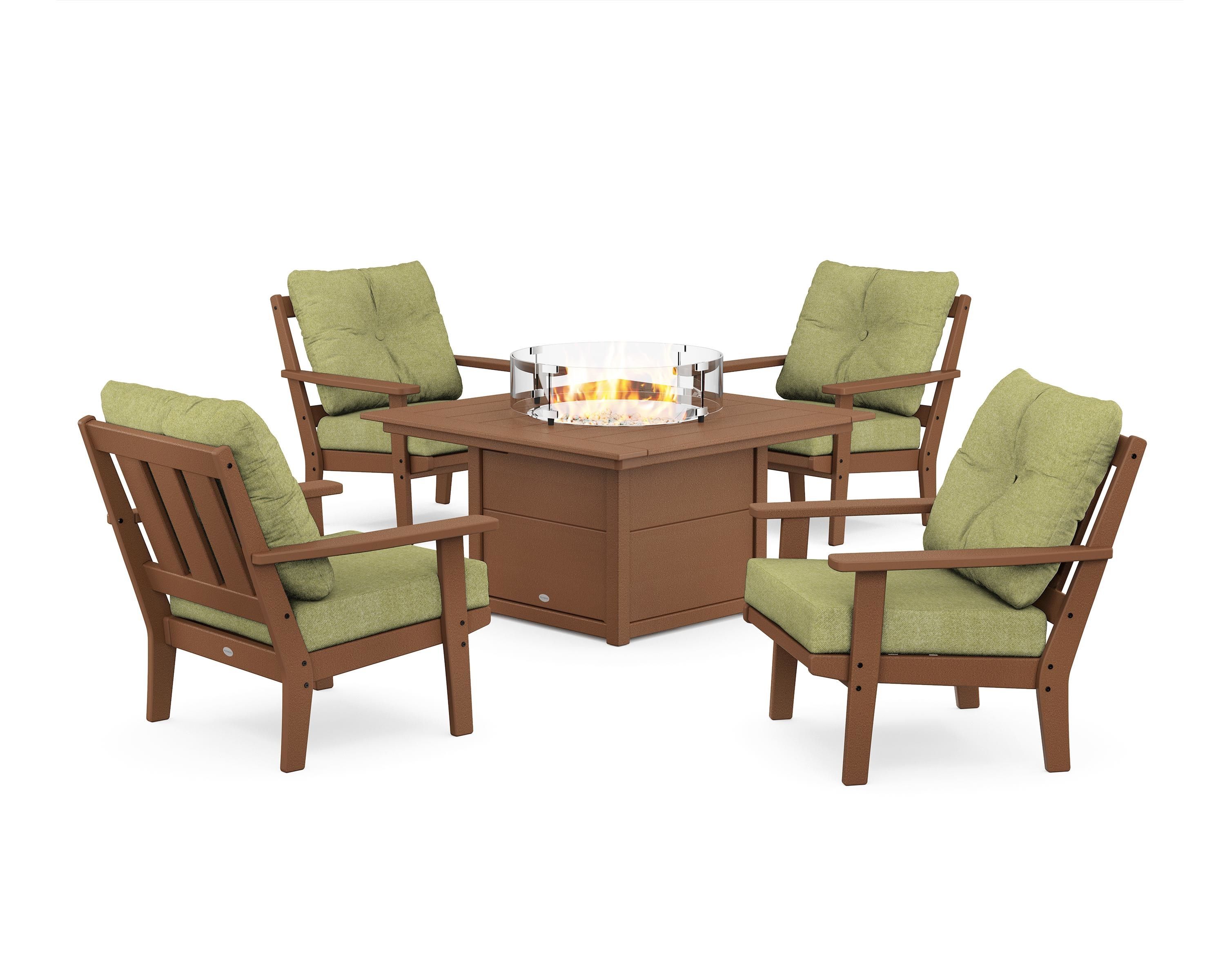POLYWOOD Oxford 5-Piece Deep Seating Set with Fire Pit Table in Teak / Chartreuse Boucle