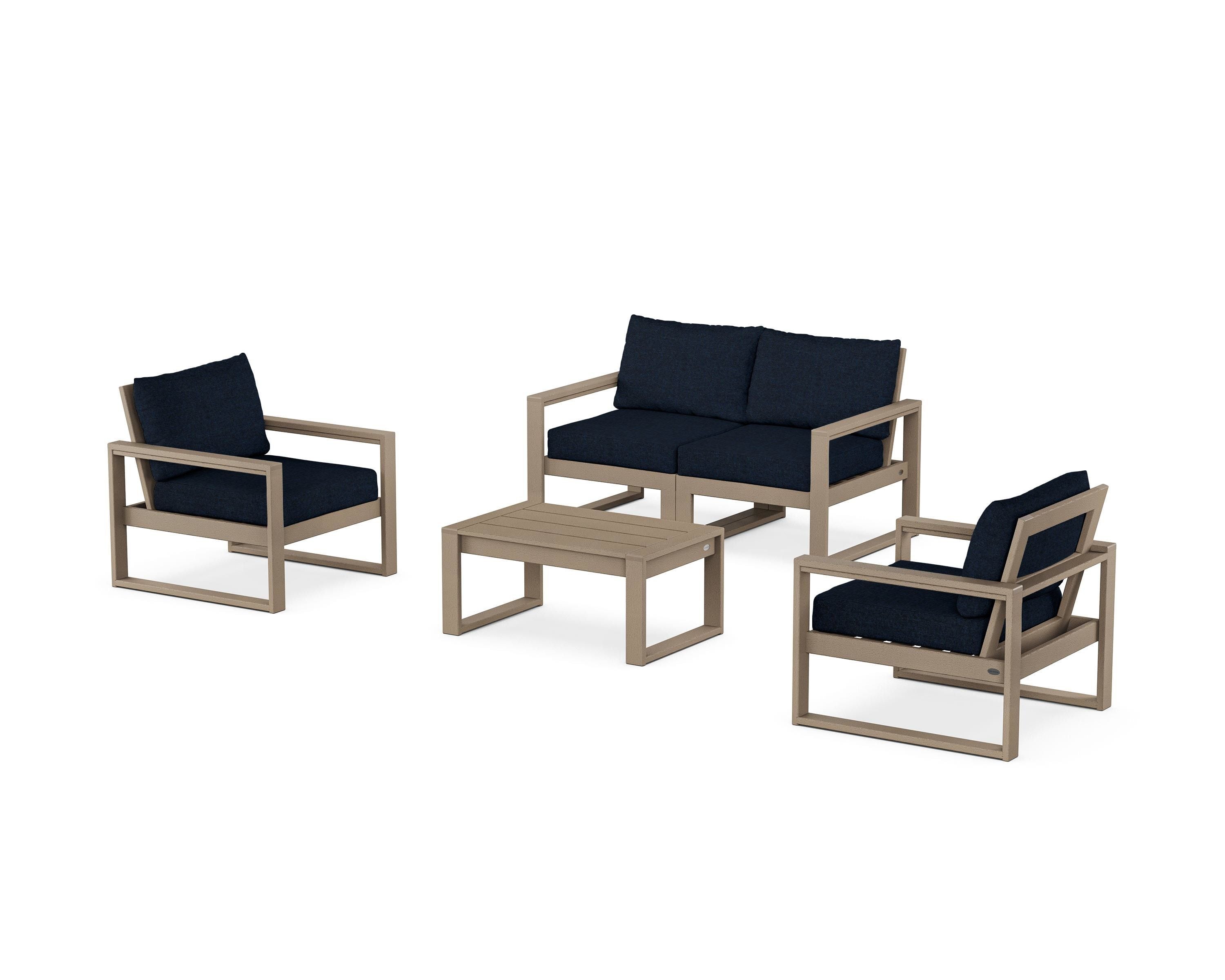 POLYWOOD EDGE Sectional 4-Piece Deep Seating Set with Loveseat in Vintage Sahara / Marine Indigo