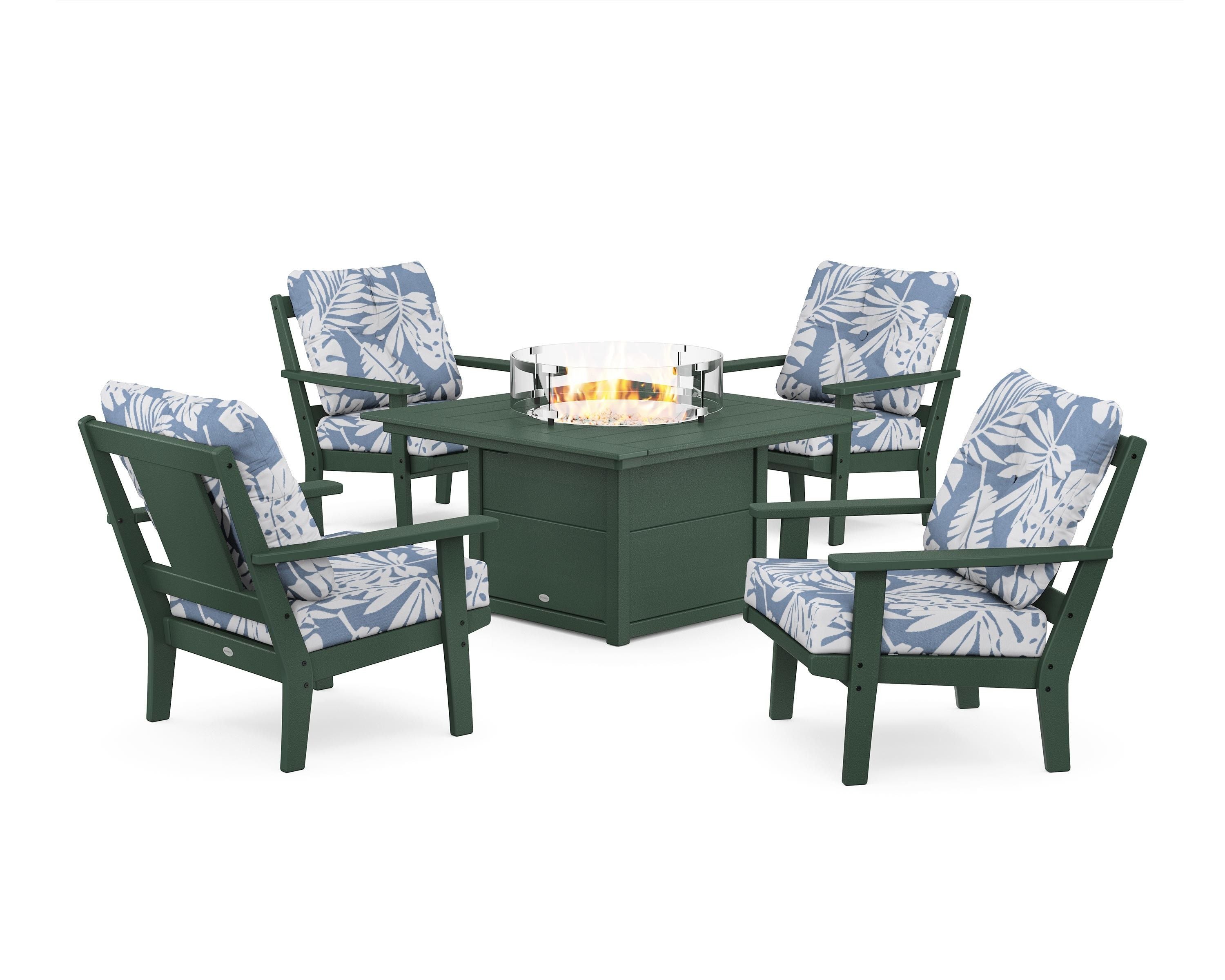 POLYWOOD Prairie 5-Piece Deep Seating Set with Fire Pit Table in Green / Leaf Sky Blue