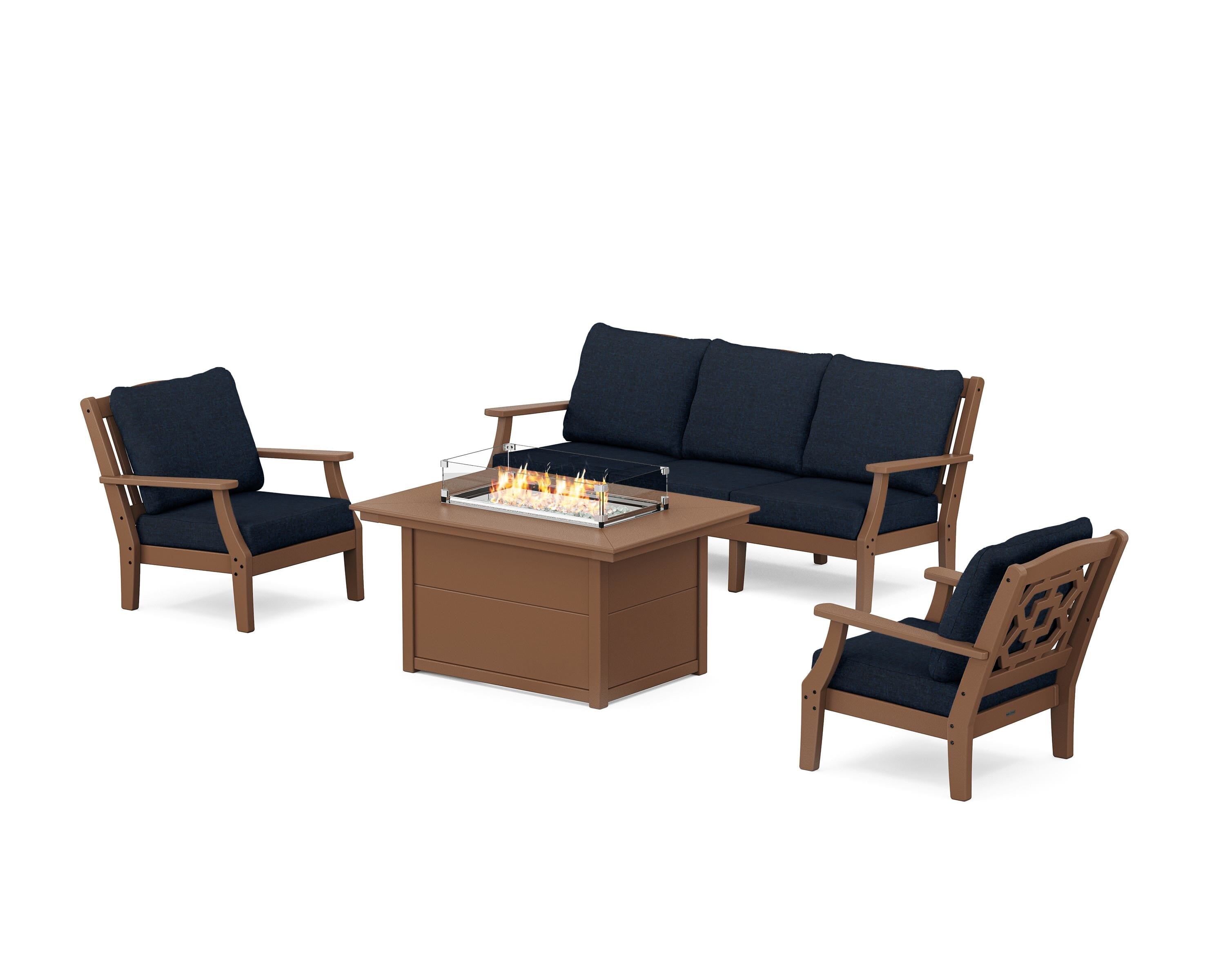 Martha Stewart by POLYWOOD Chinoiserie Deep Seating Fire Pit Table Set in Teak / Marine Indigo