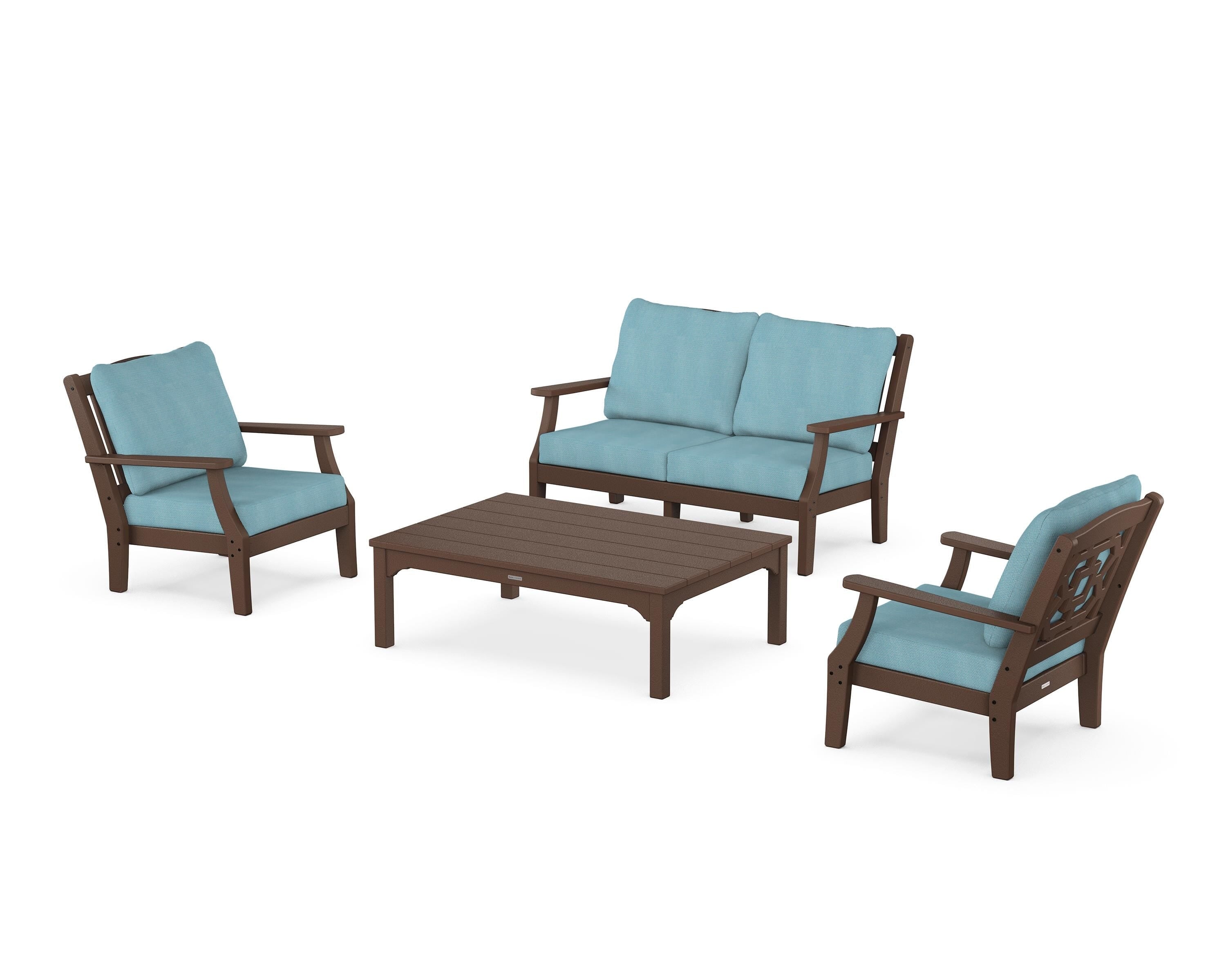 Martha Stewart by POLYWOOD Chinoiserie 4-Piece Deep Seating Set with Loveseat in Mahogany / Lattice Sky Blue