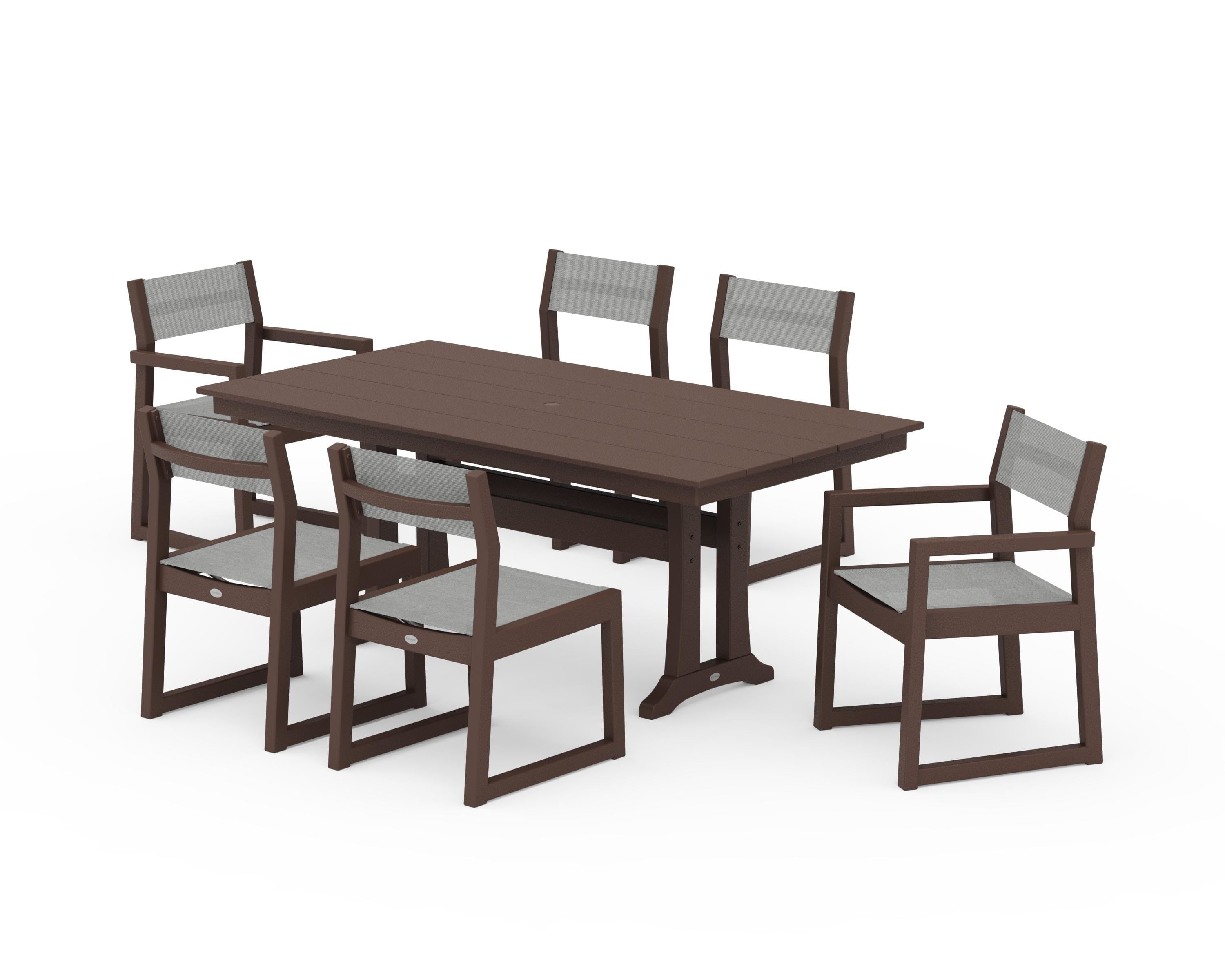 POLYWOOD EDGE Sling 7-Piece Farmhouse Trestle Dining Set in Mahogany / Metallic Sling