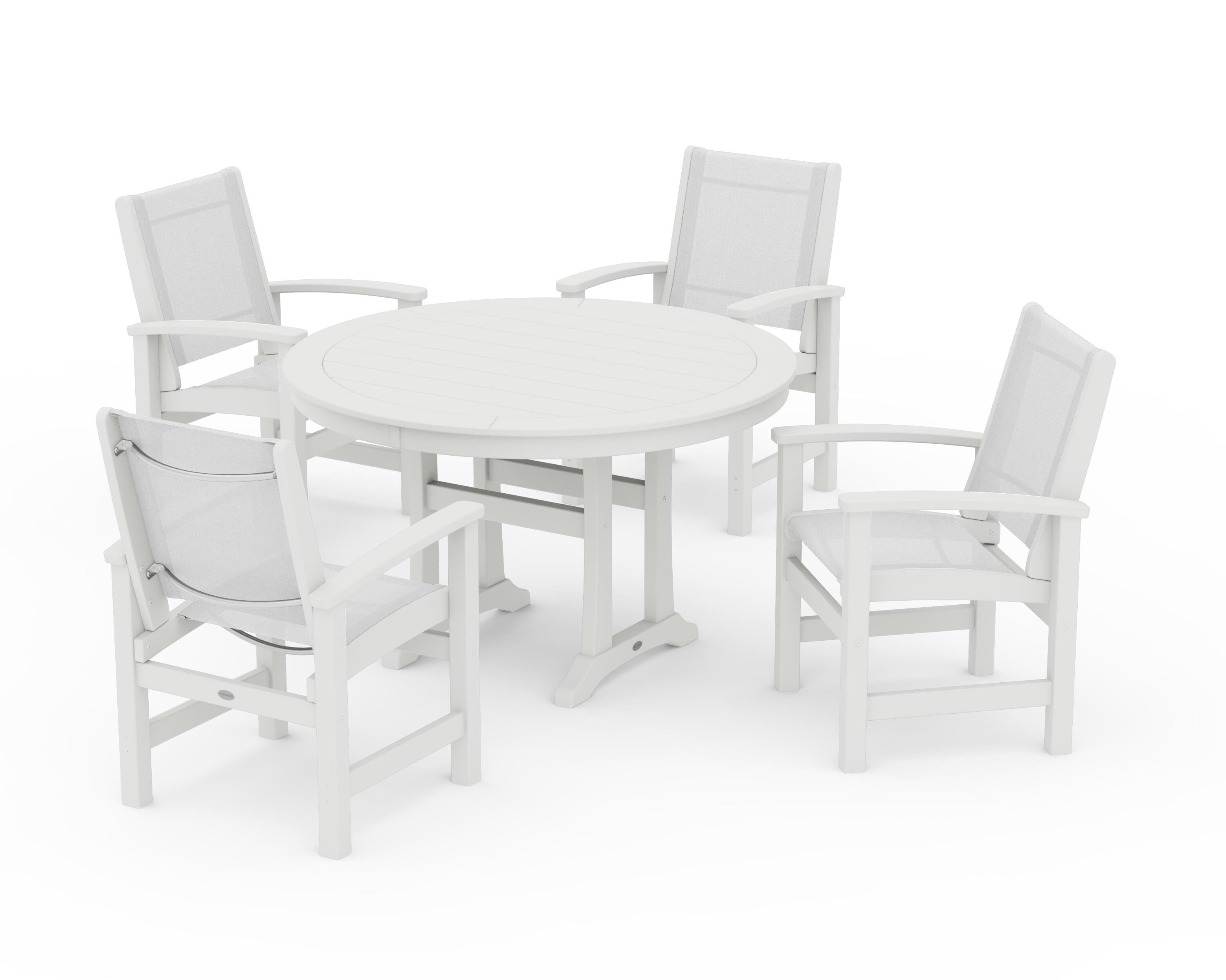 POLYWOOD Coastal 5-Piece Round Dining Set with Trestle Legs in Vintage White / White Sling