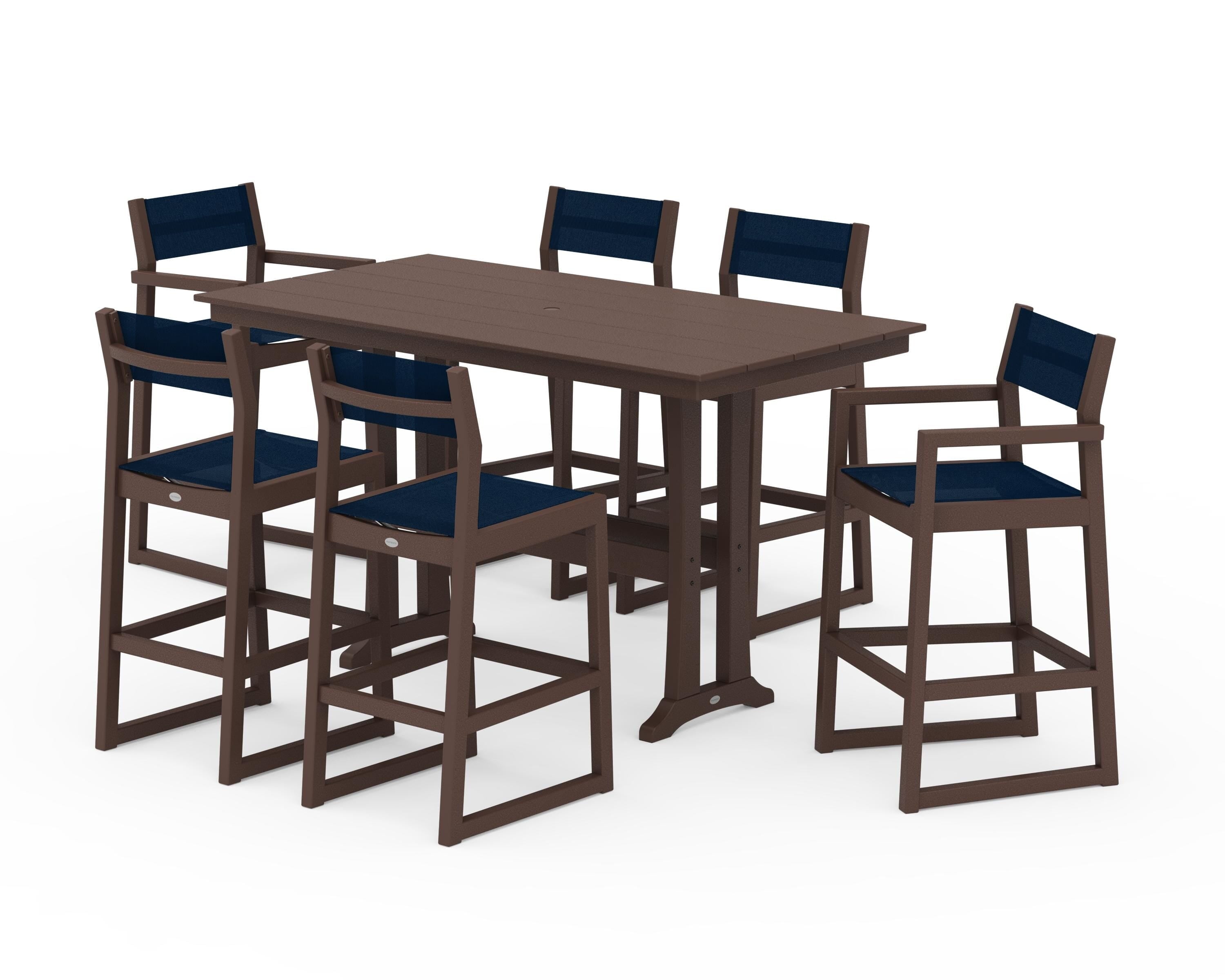 POLYWOOD EDGE Sling 7-Piece Farmhouse Bar Set with Trestle Legs in Mahogany / Navy Blue Sling