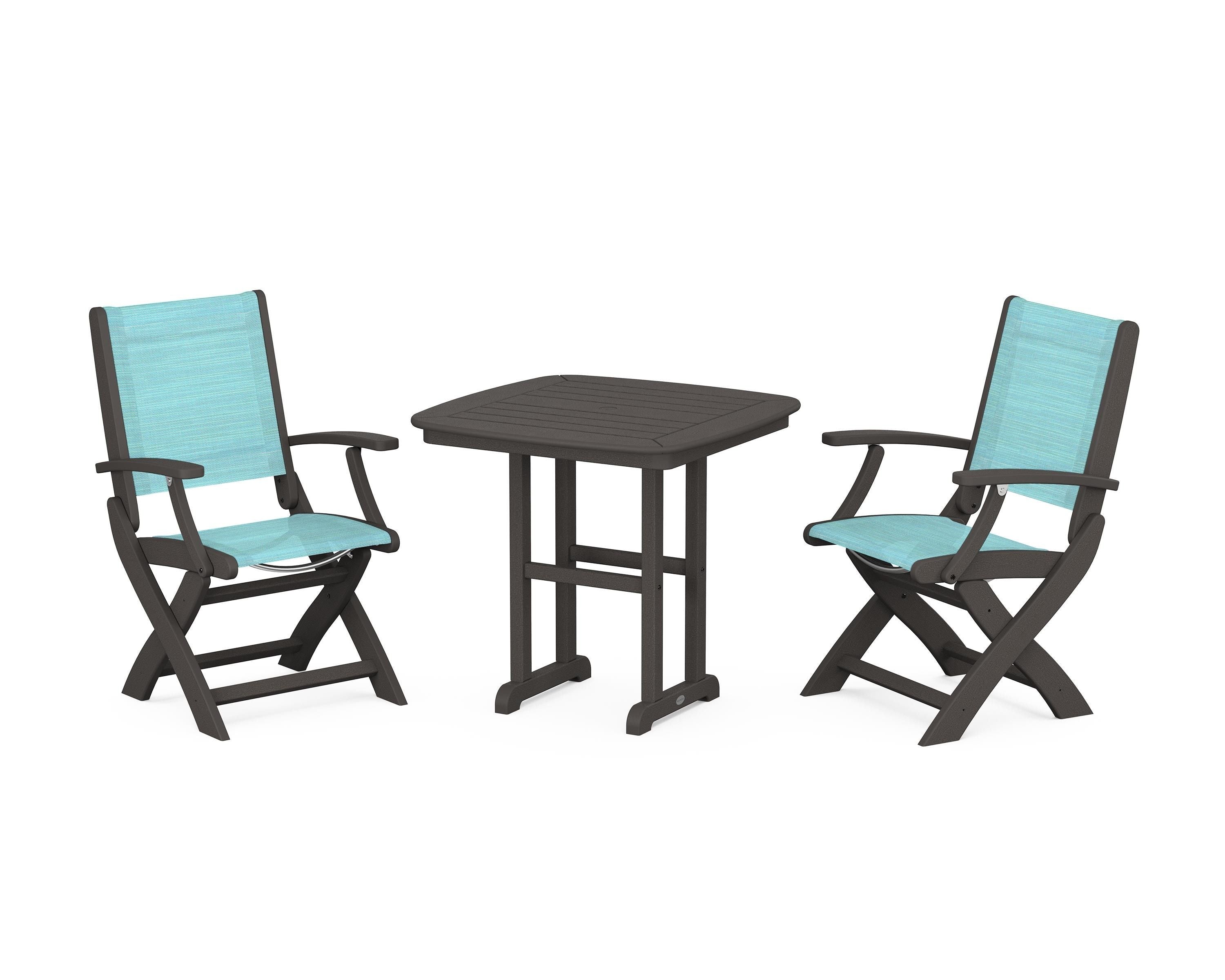 POLYWOOD Coastal Folding Chair 3-Piece Dining Set in Vintage Coffee / Dupioni Aquamarine Sling