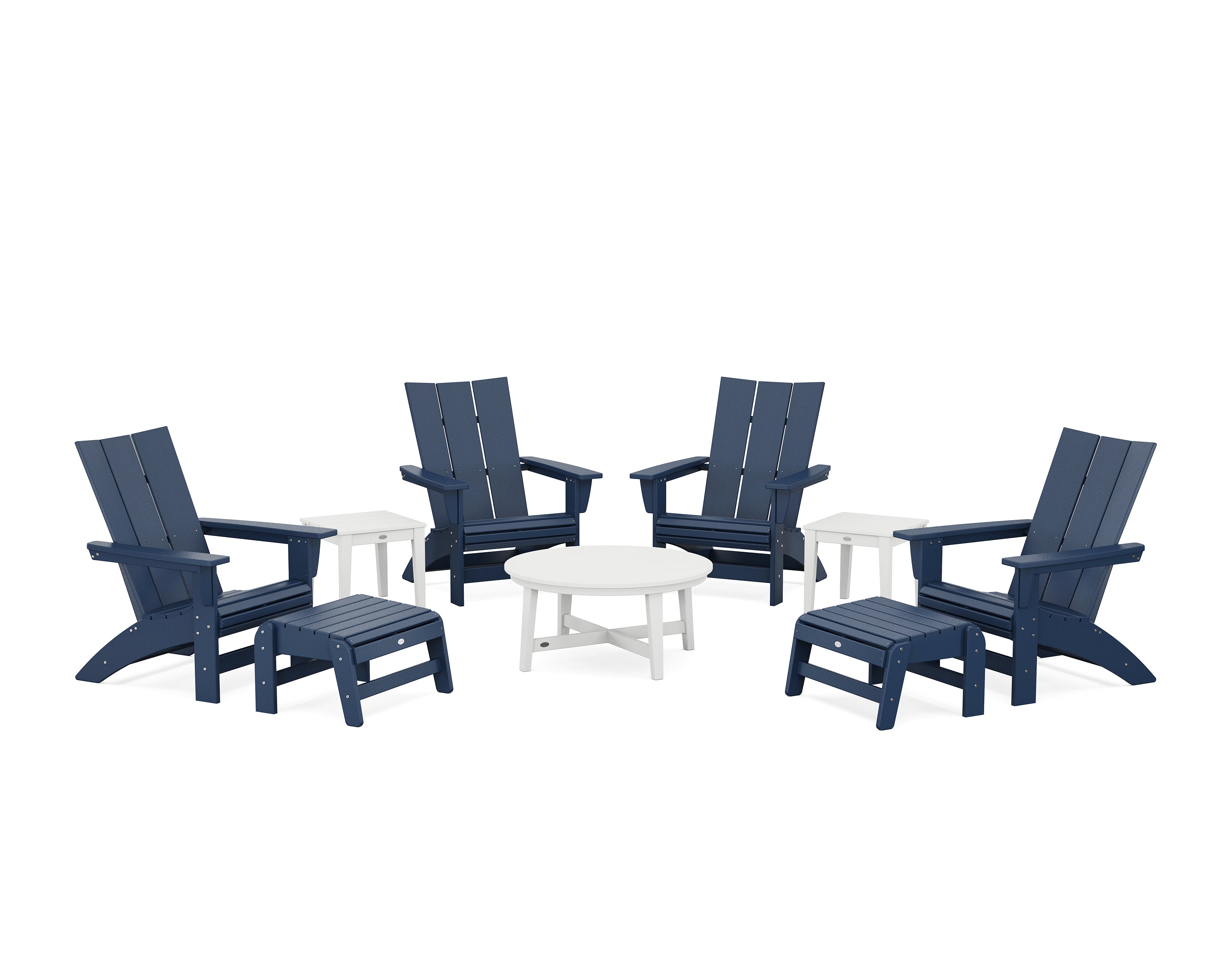POLYWOOD® Modern Grand Adirondack 9-Piece Conversation Set in Navy / White