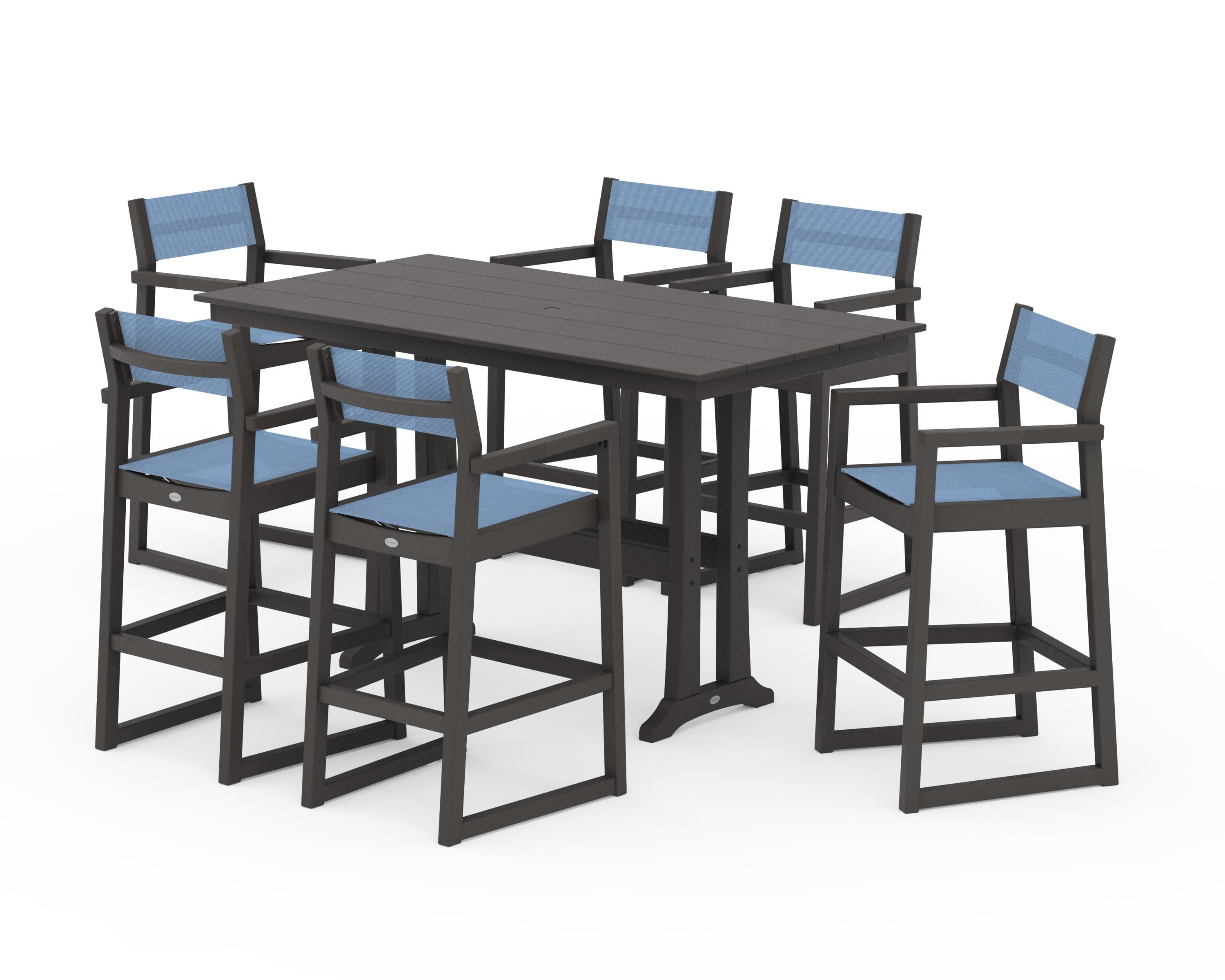 POLYWOOD EDGE Sling Arm Chair 7-Piece Farmhouse Bar Set with Trestle Legs in Vintage Coffee / Poolside Sling