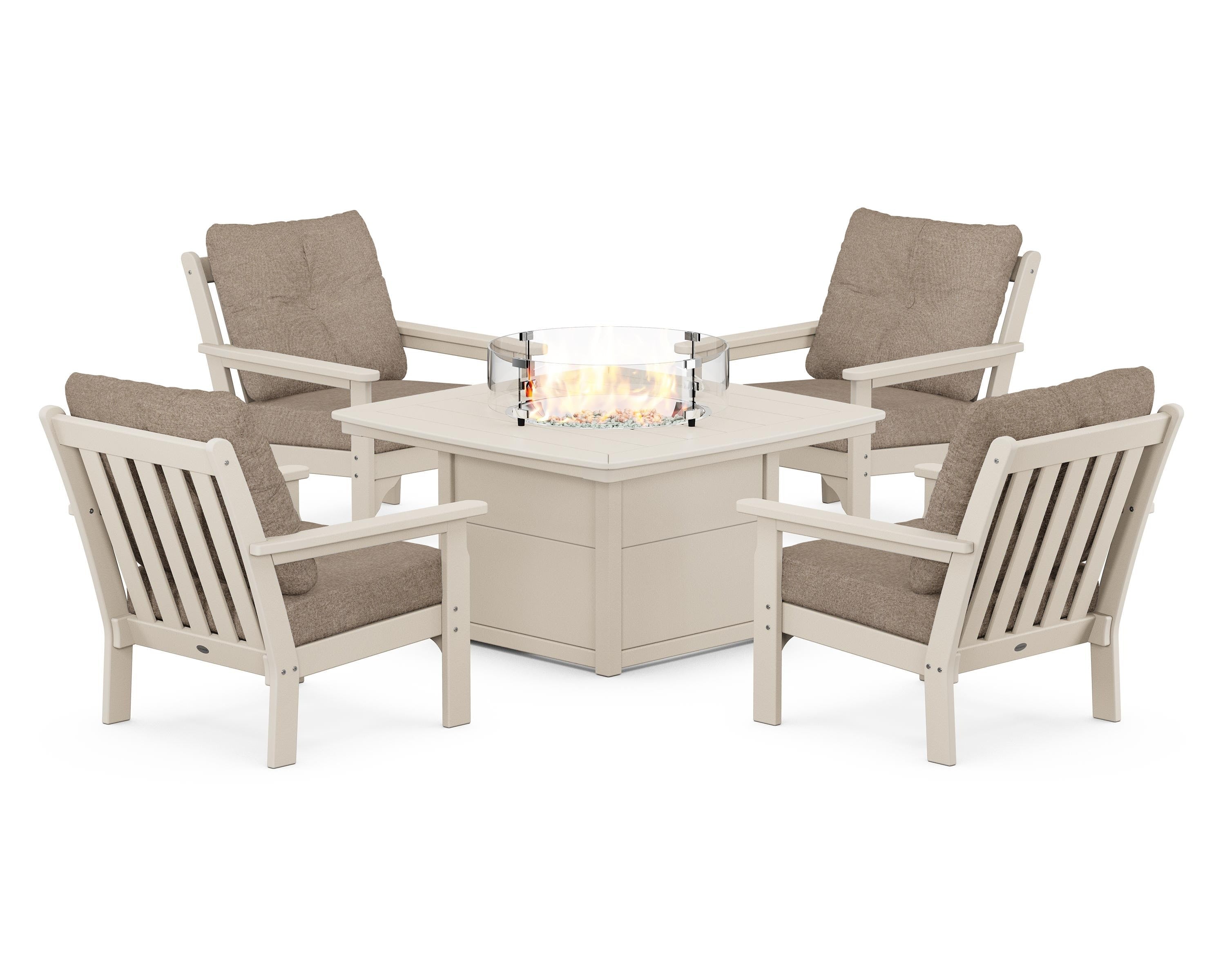 POLYWOOD Vineyard 5-Piece Conversation Set with Fire Pit Table in Sand / Spiced Burlap