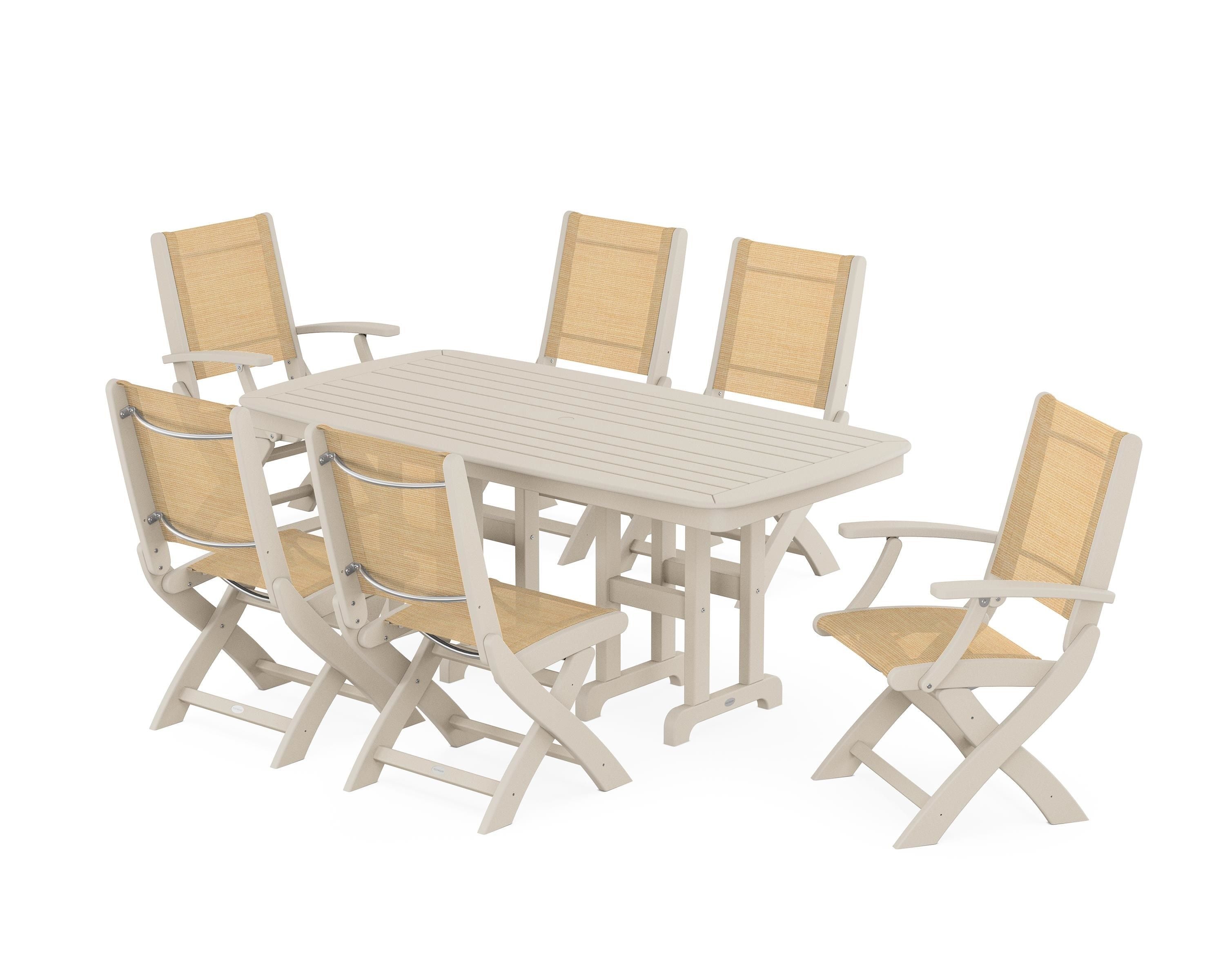 POLYWOOD Coastal Folding Chair 7-Piece Dining Set in Sand / Dupioni Apricot Sling