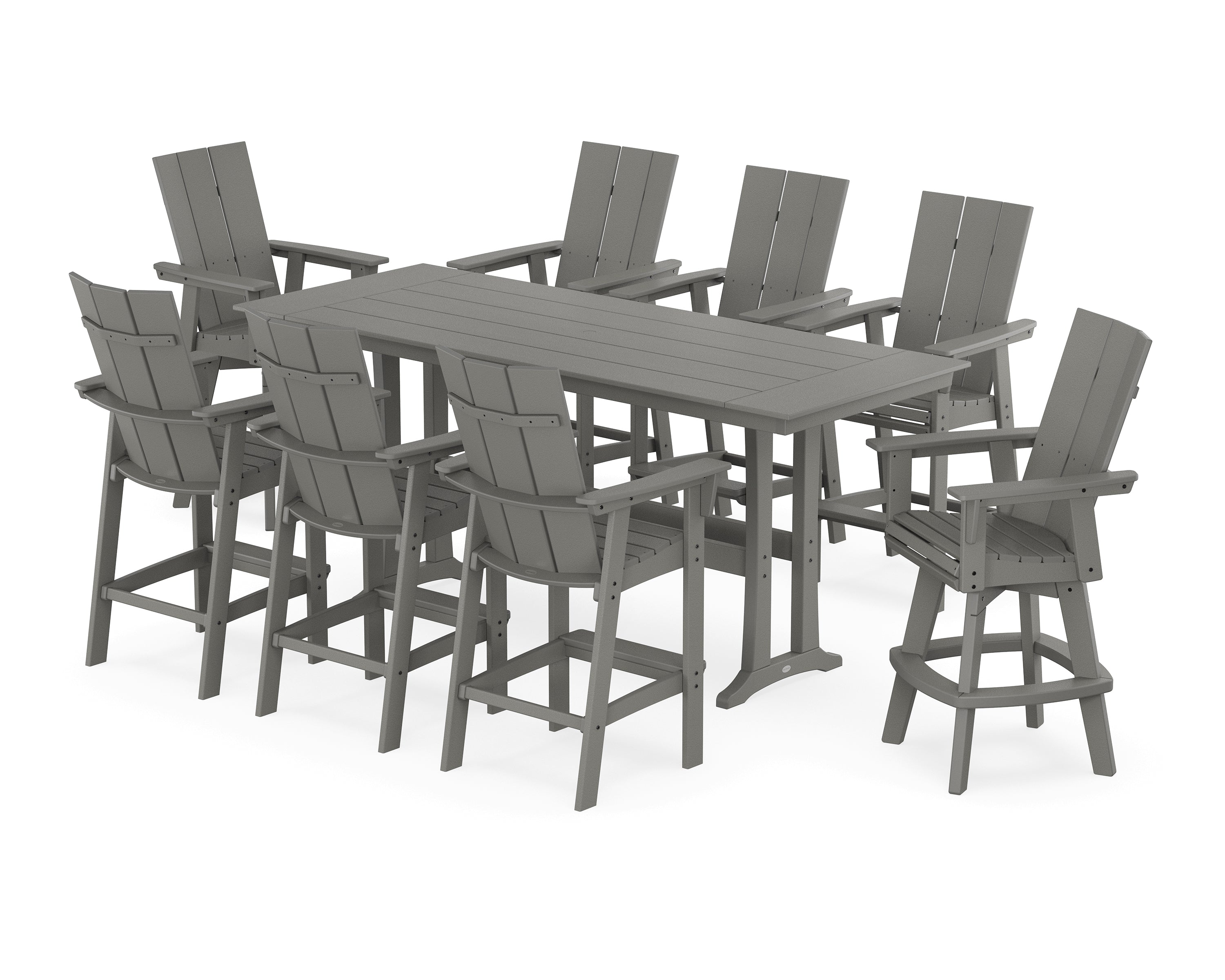 POLYWOOD® Modern Curveback Adirondack Swivel 9-Piece Farmhouse Bar Set with Trestle Legs in Slate Grey
