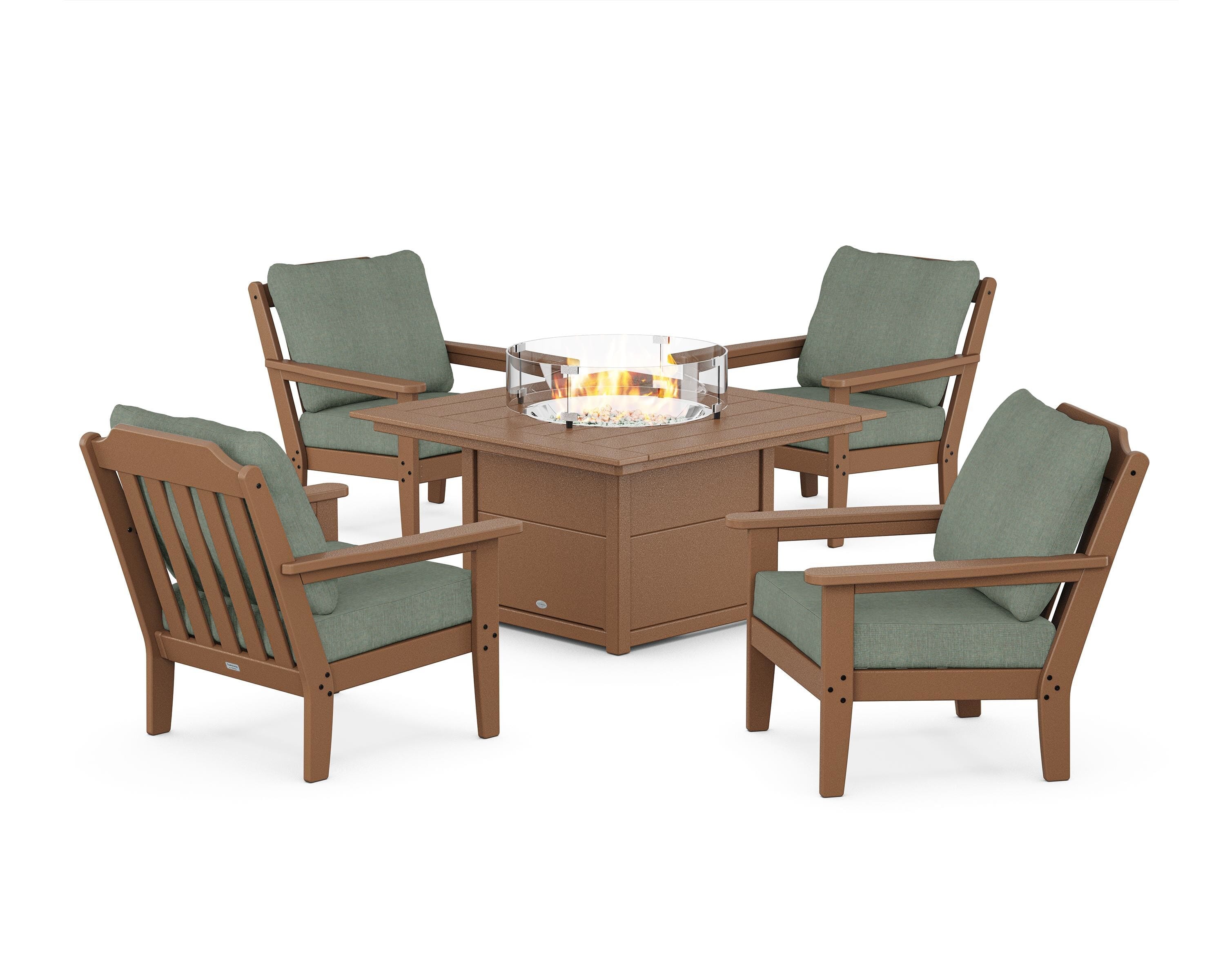 Country Living Cottage 5-Piece Deep Seating Set with Fire Pit Table in Teak / Cast Sage