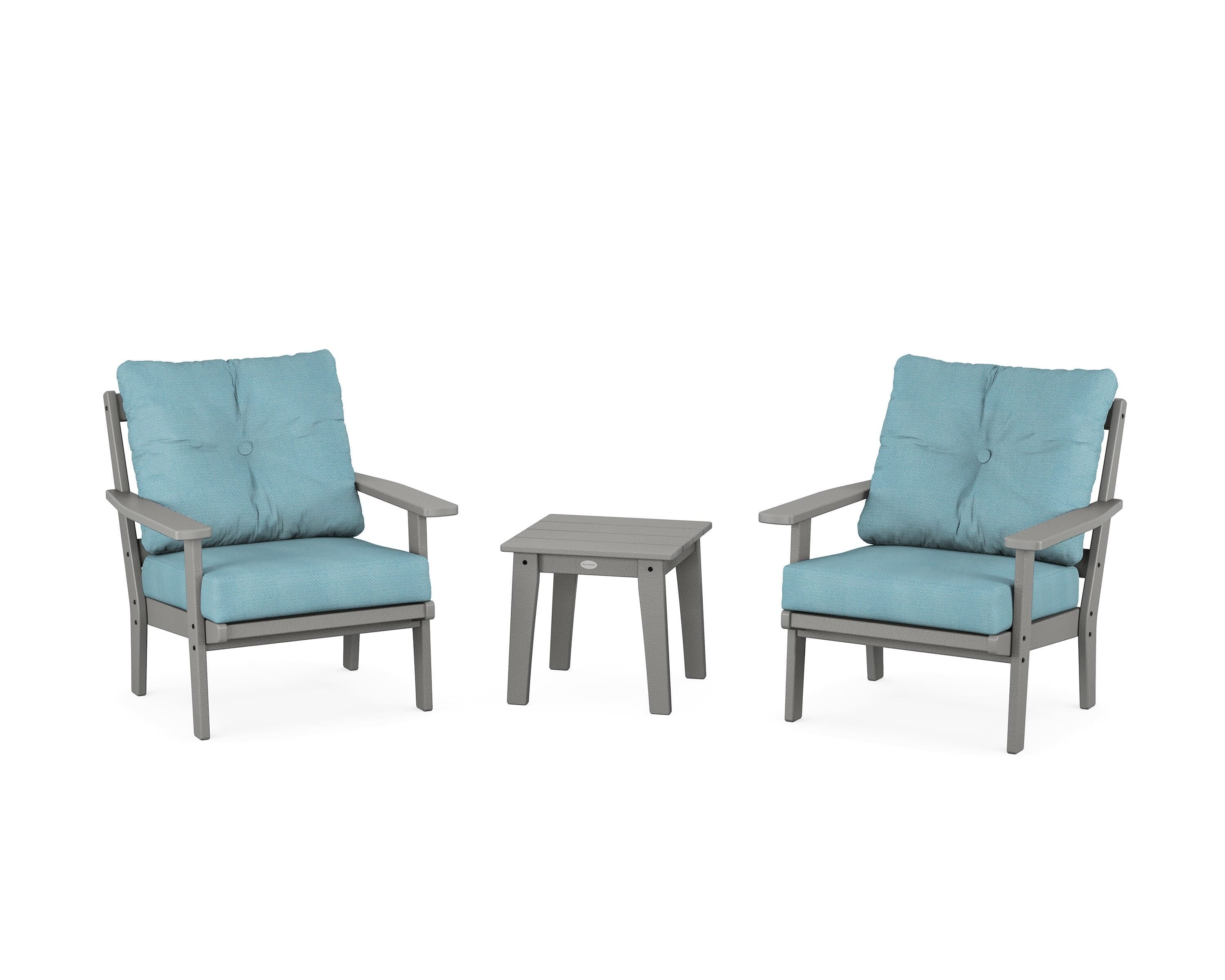 POLYWOOD Oxford 3-Piece Deep Seating Set in Slate Grey / Lattice Sky Blue