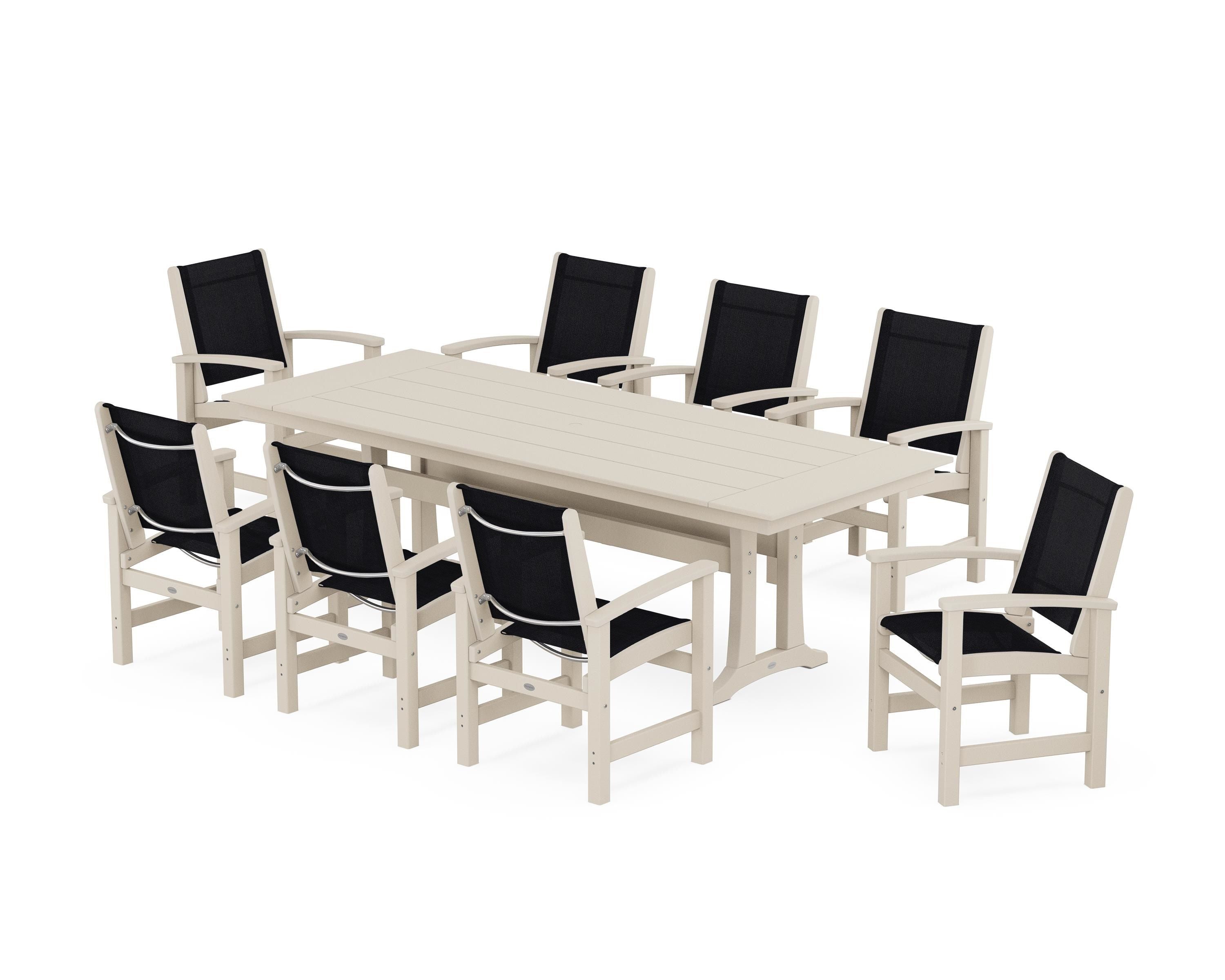 POLYWOOD Coastal 9-Piece Farmhouse Dining Set with Trestle Legs in Sand / Black Sling