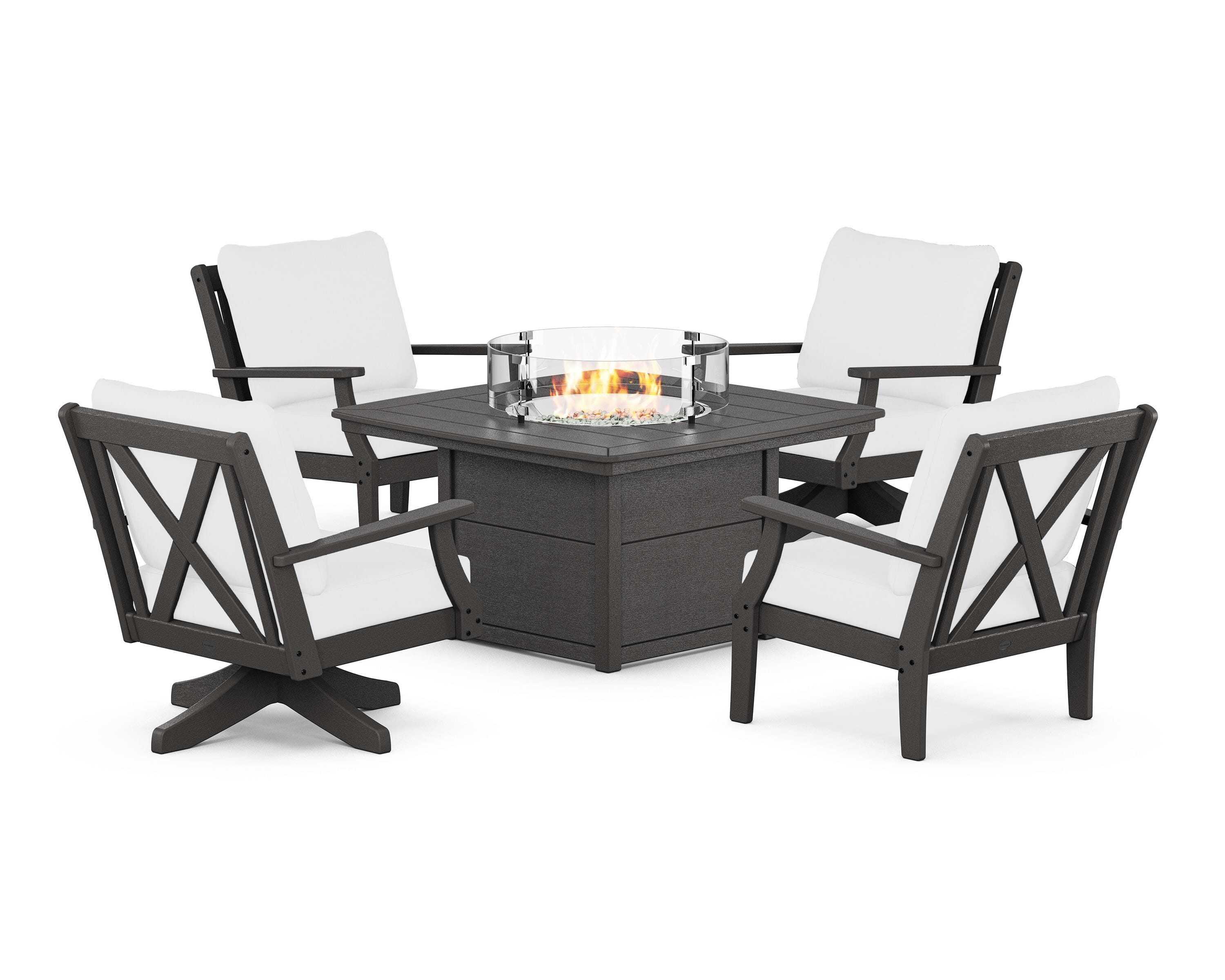 POLYWOOD Braxton 5-Piece Deep Seating Set with Fire Table in Vintage Coffee / Natural