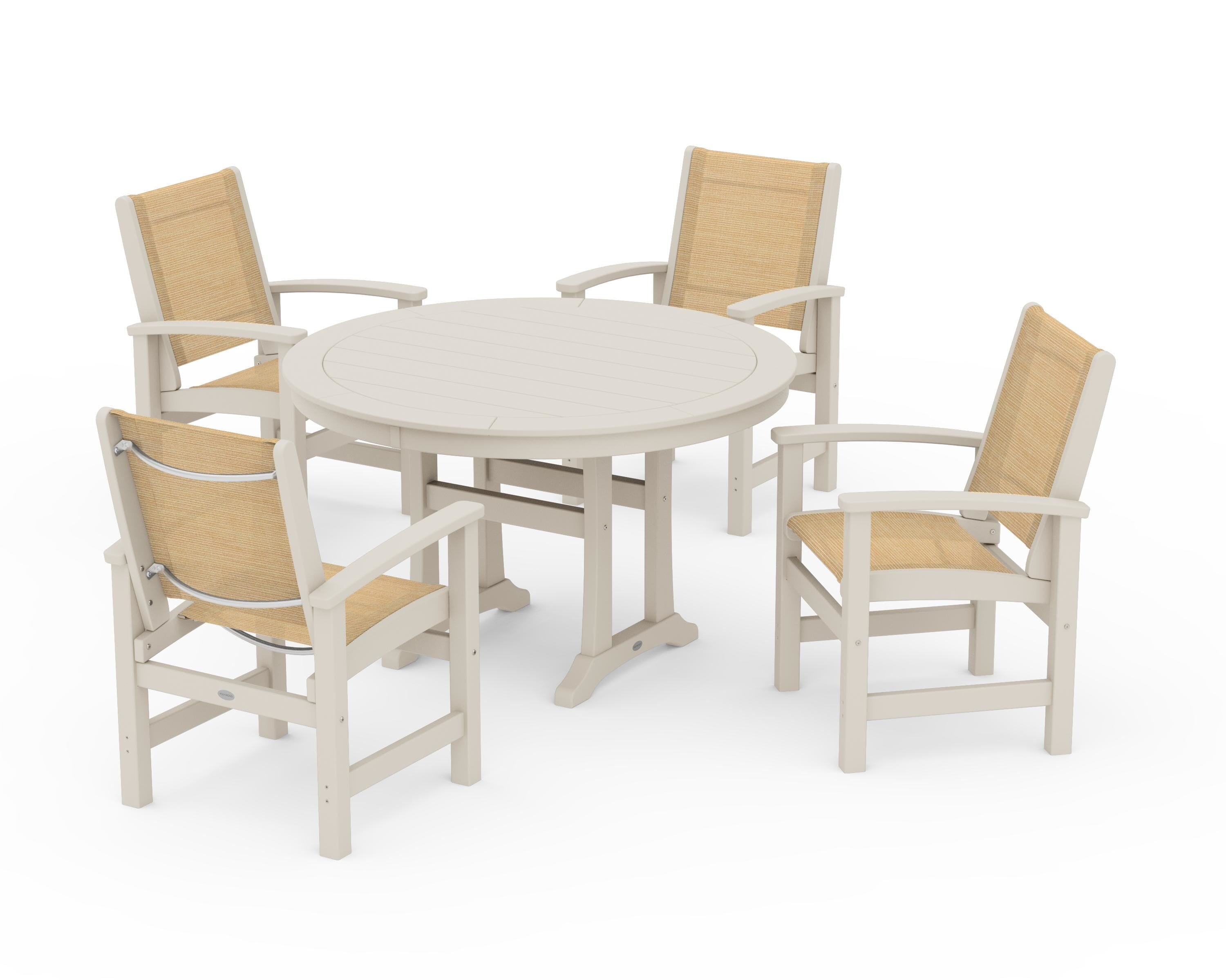 POLYWOOD Coastal 5-Piece Round Dining Set with Trestle Legs in Sand / Dupioni Apricot Sling