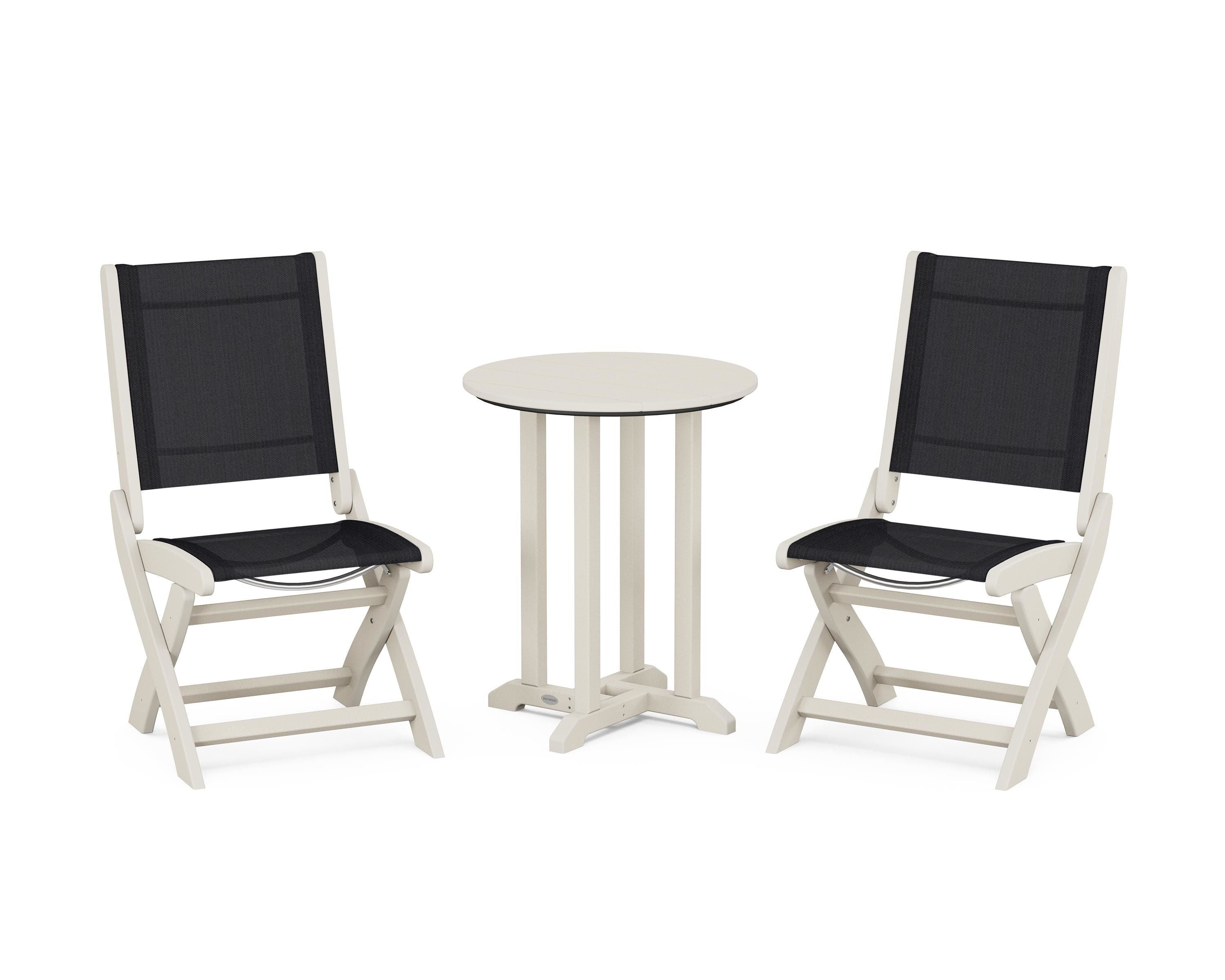 POLYWOOD Coastal Folding Side Chair 3-Piece Round Bistro Dining Set in Sand / Black Sling