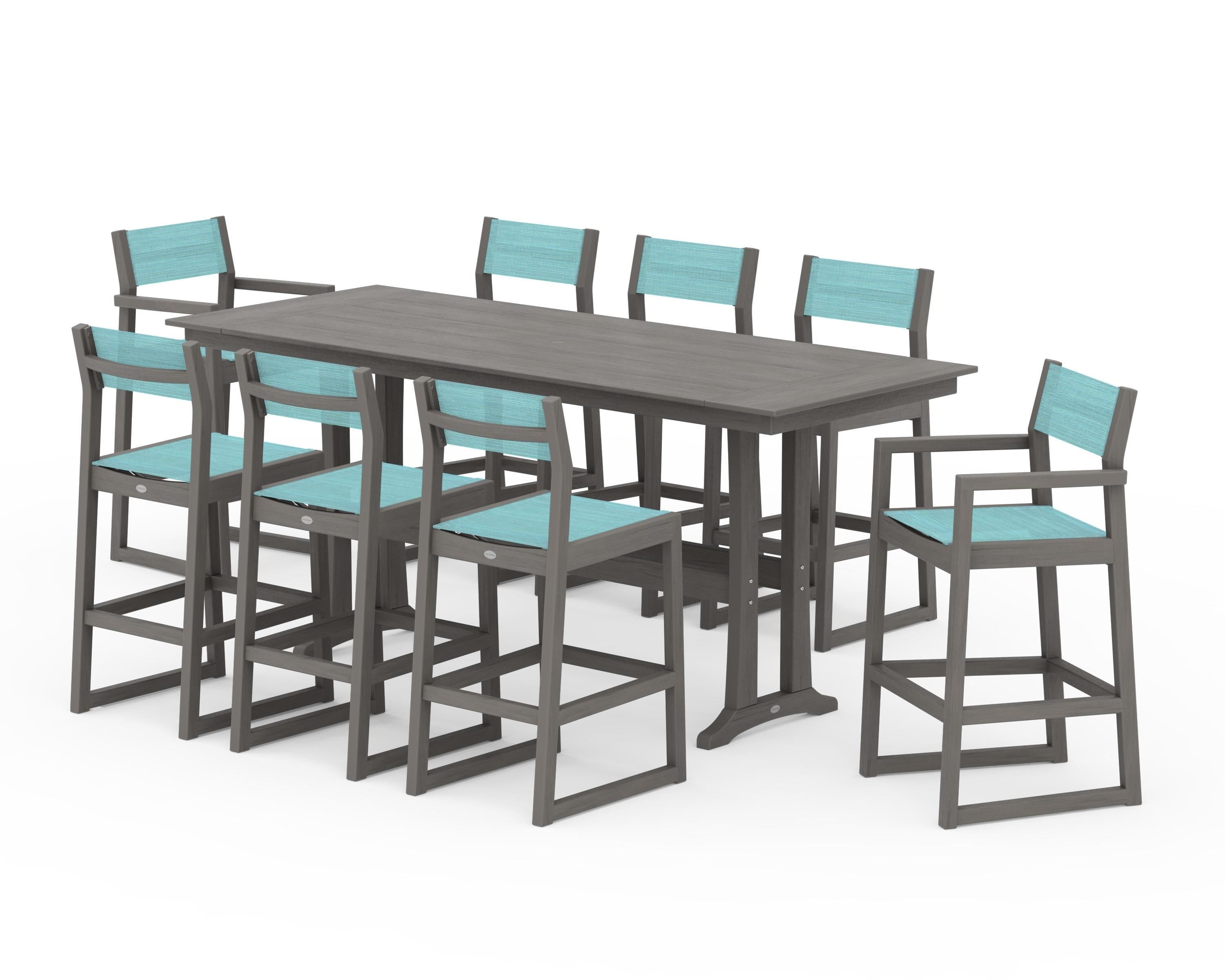 POLYWOOD EDGE Sling 9-Piece Farmhouse Bar Set with Trestle Legs in Driftwood / Dupioni Aquamarine Sling