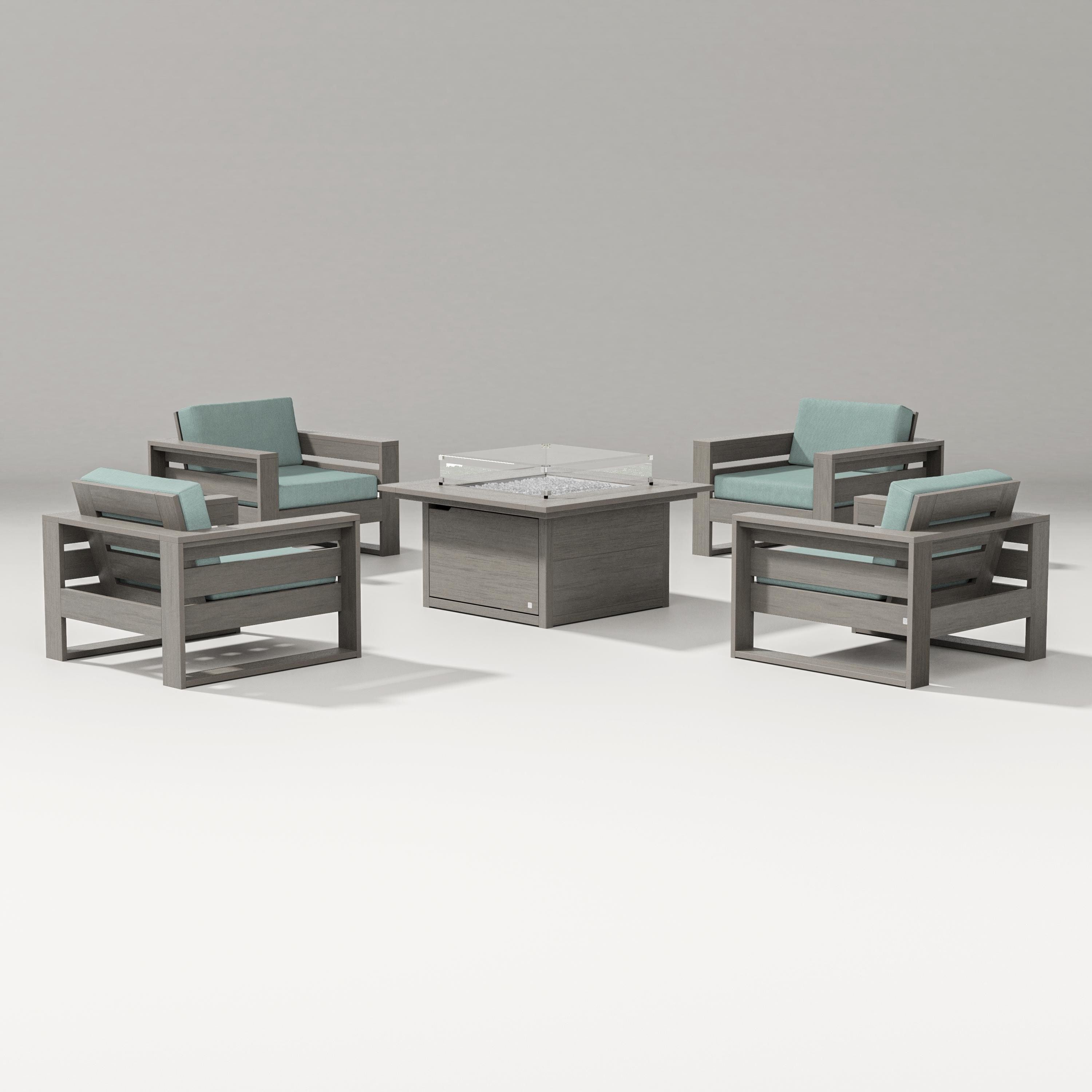 PW Designer Series Latitude 5-Piece Lounge Fire Table Set in Driftwood / Glacier Spa