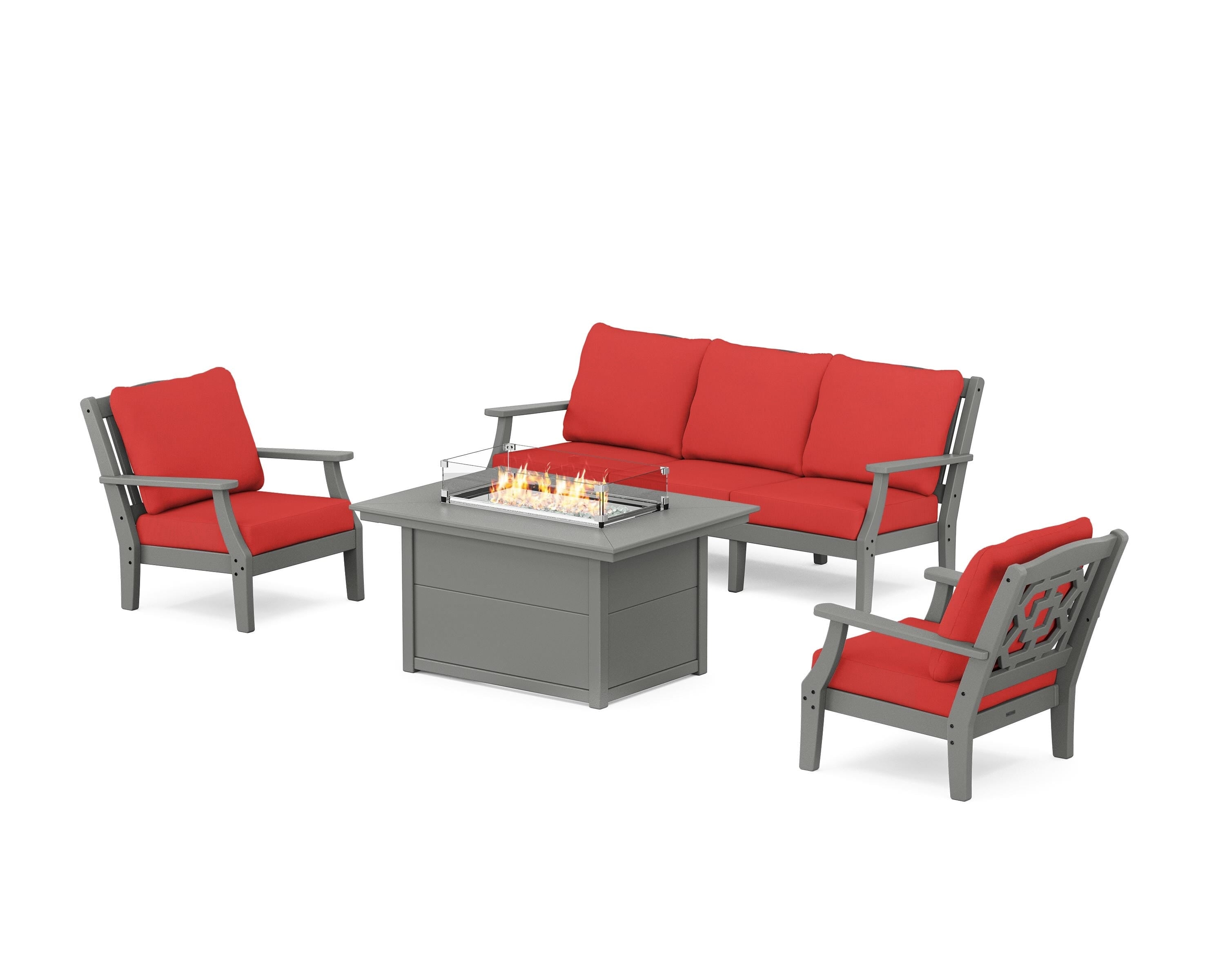 Martha Stewart by POLYWOOD Chinoiserie Deep Seating Fire Pit Table Set in Slate Grey / Crimson Linen