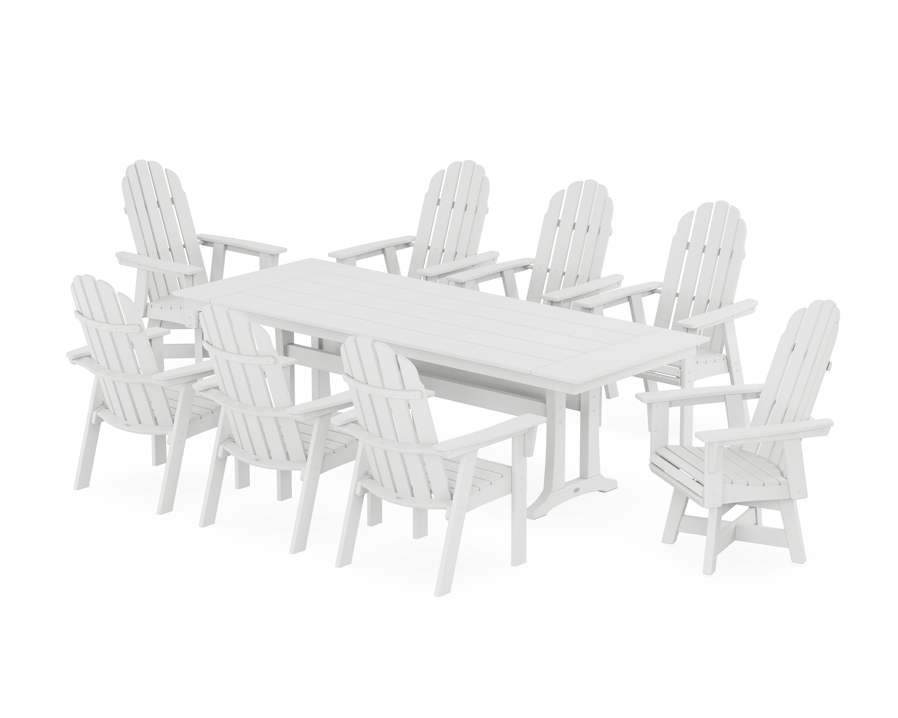 POLYWOOD® Vineyard 9-Piece Curveback Adirondack Swivel Farmhouse Dining Set with Trestle Legs in White