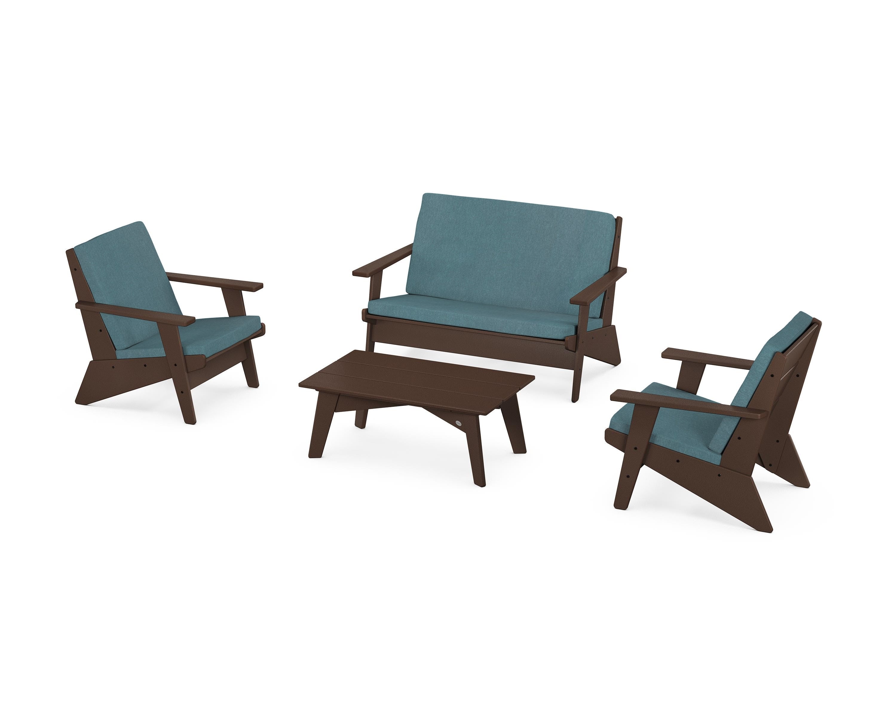 POLYWOOD Riviera Modern Lounge 4-Piece Set in Mahogany / Ocean Teal