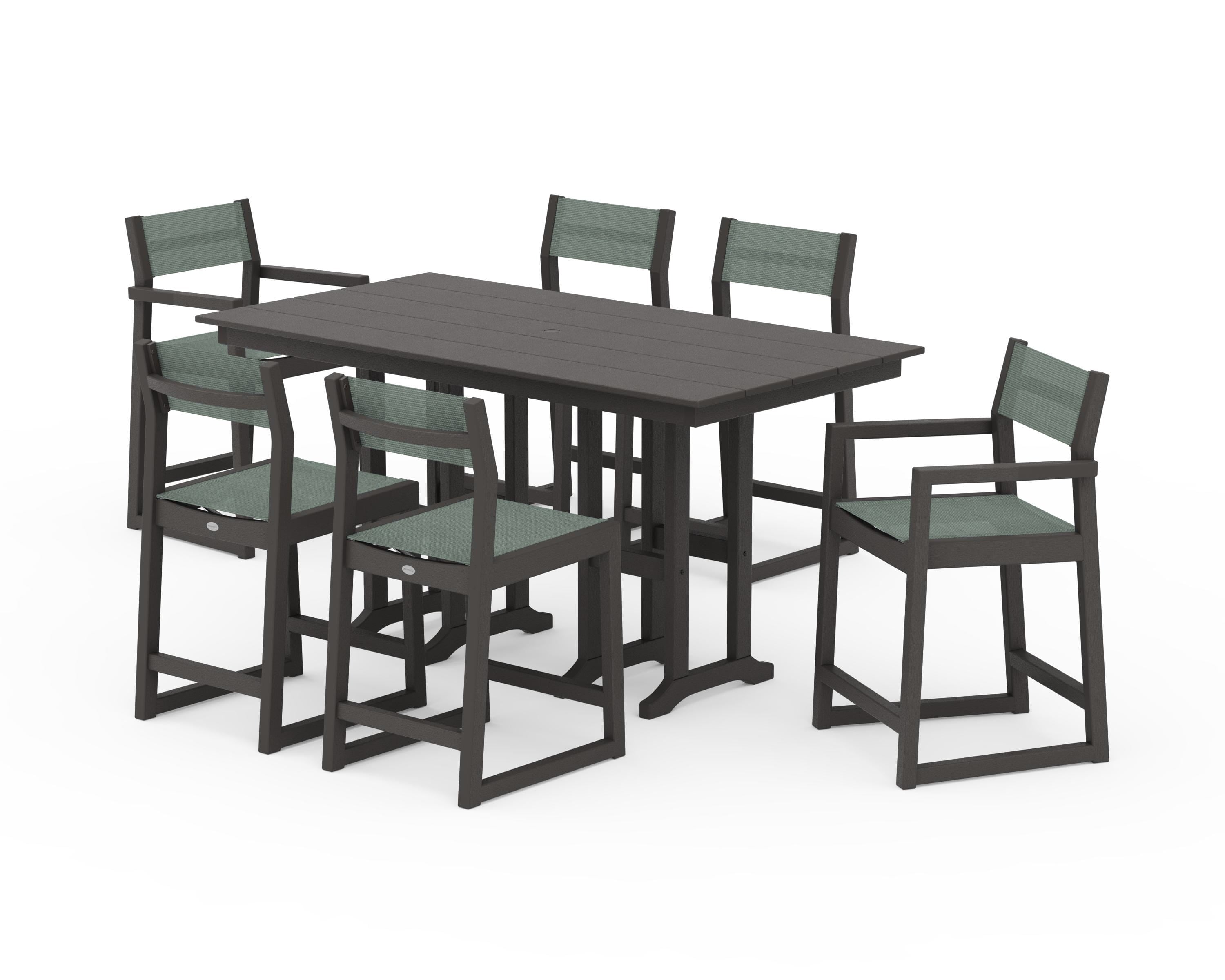 POLYWOOD EDGE Sling 7-Piece Farmhouse Counter Set with Trestle Legs in Vintage Coffee / Dupioni Sea Mist Sling