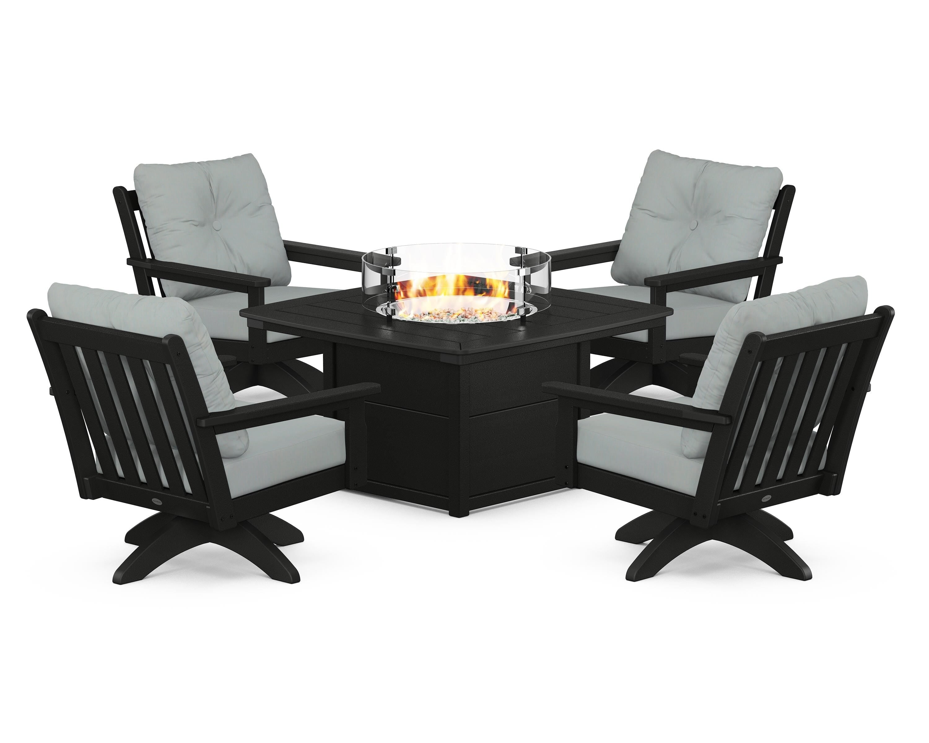 POLYWOOD Vineyard 5-Piece Deep Seating Swivel Conversation Set with Fire Pit Table in Black / Spa