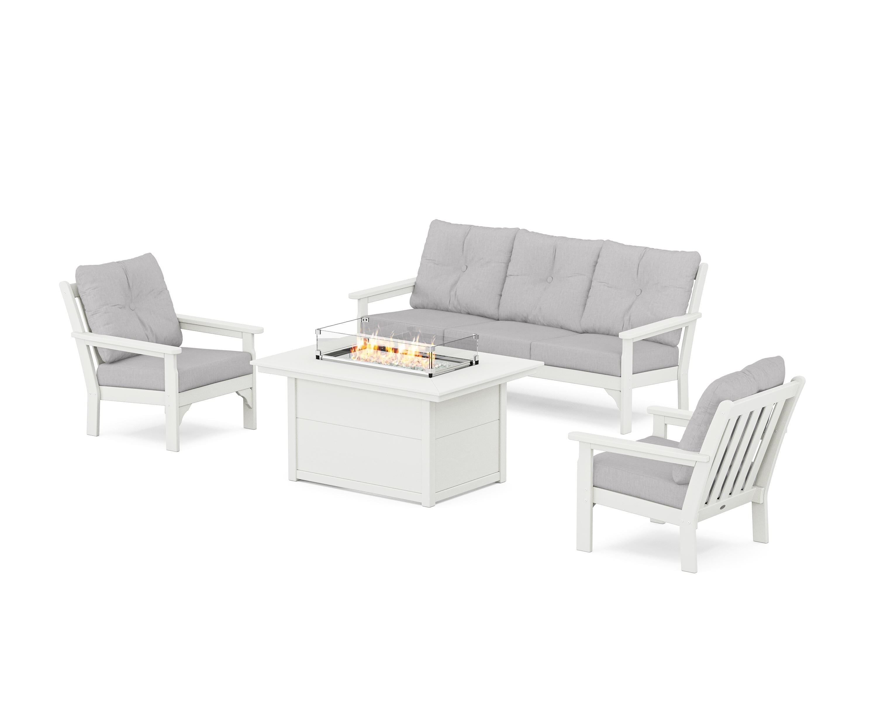 POLYWOOD Vineyard Deep Seating Fire Pit Table Set in Vintage White / Granite