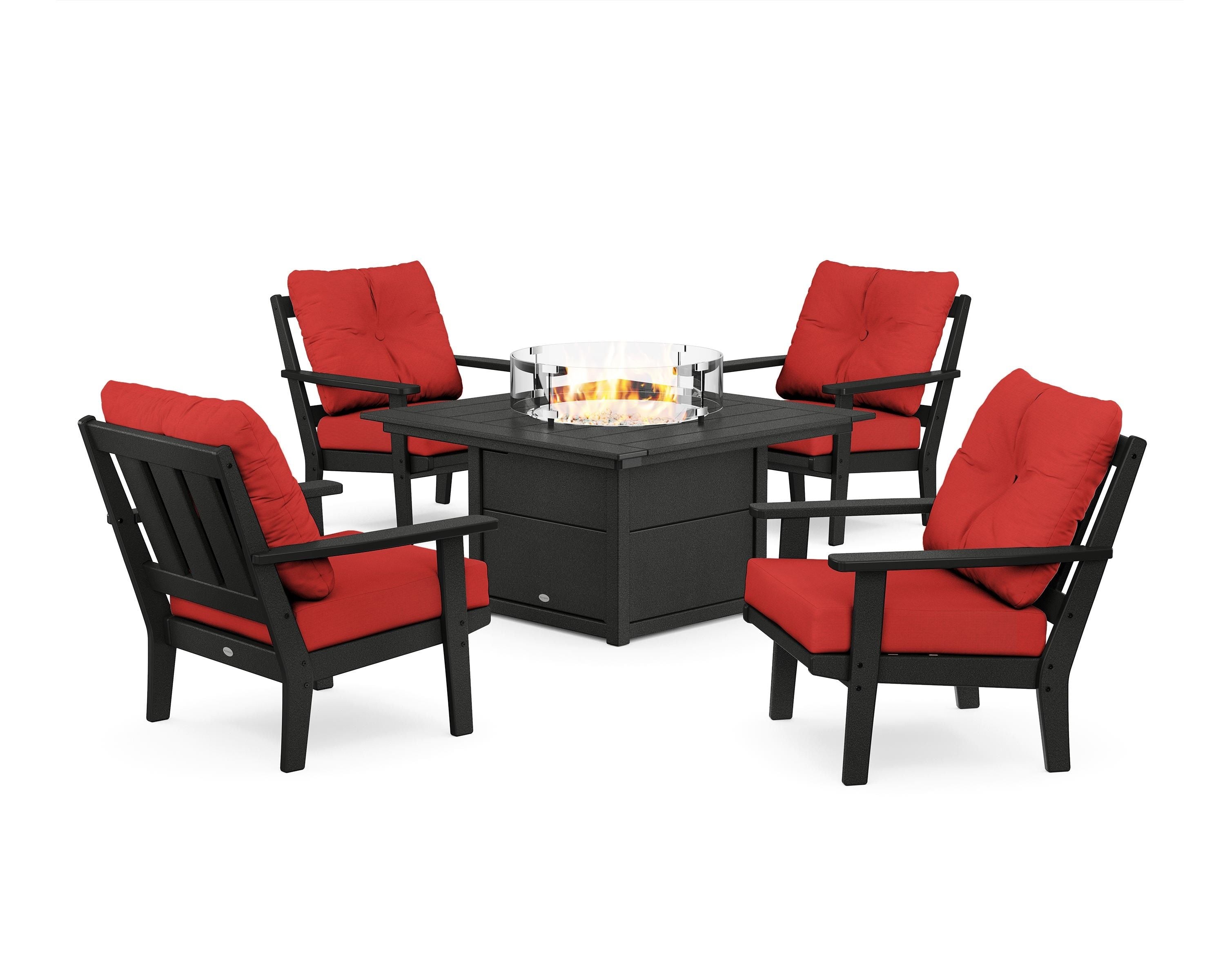 POLYWOOD Oxford 5-Piece Deep Seating Set with Fire Pit Table in Black / Crimson Linen