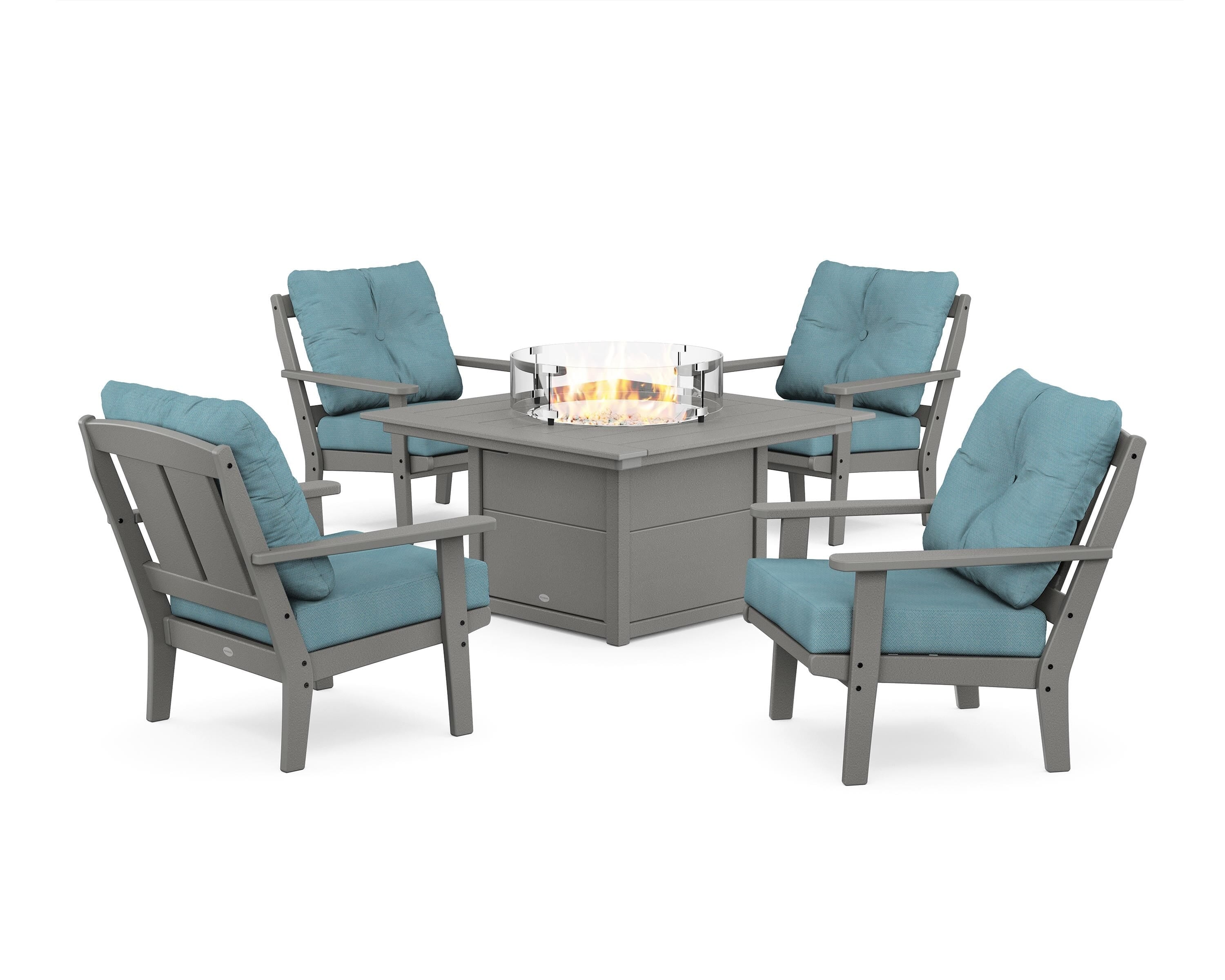 POLYWOOD Mission 5-Piece Deep Seating Set with Fire Pit Table in Slate Grey / Lattice Sky Blue