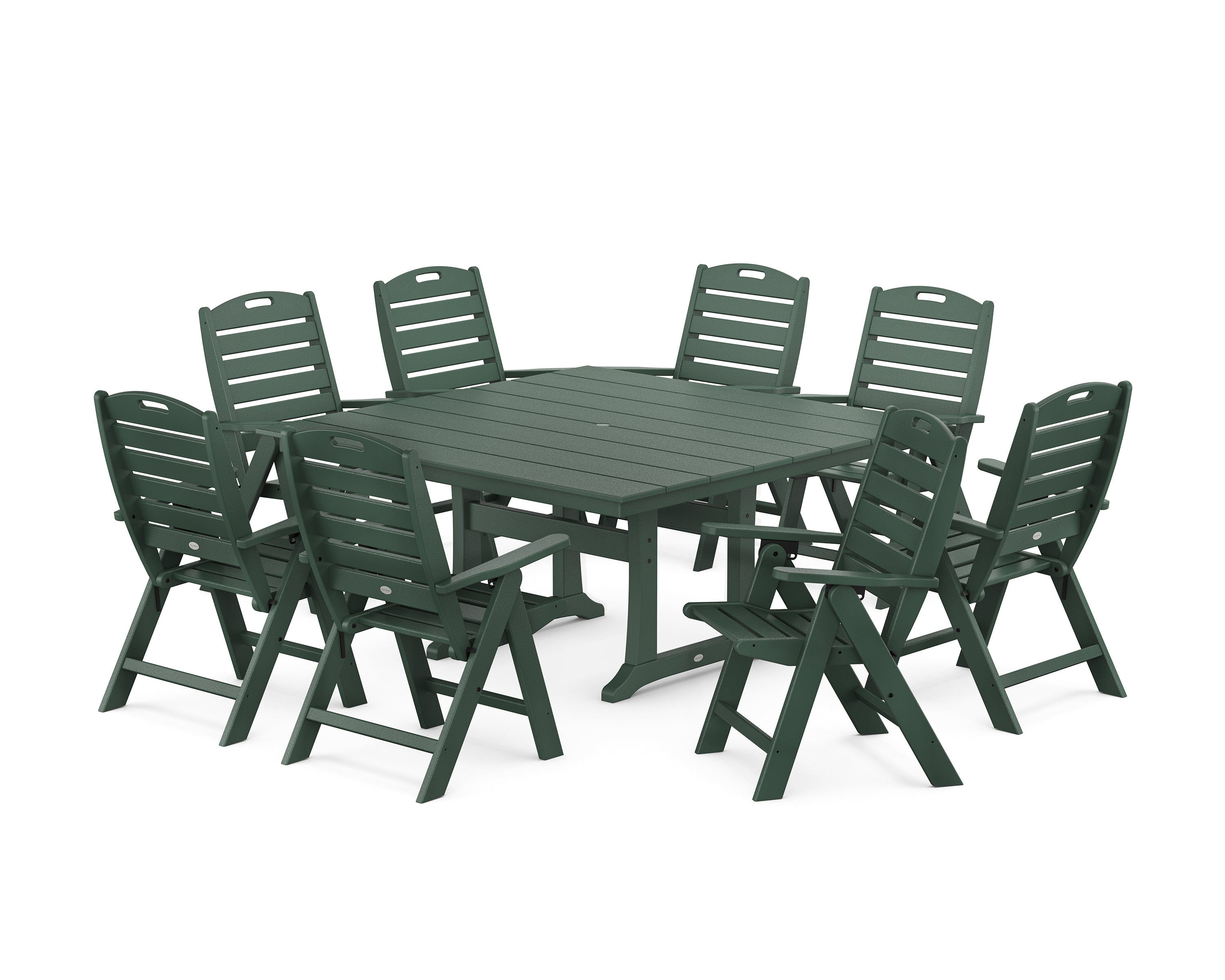 POLYWOOD Nautical Highback 9-Piece Square Farmhouse Dining Set with Trestle Legs in Green