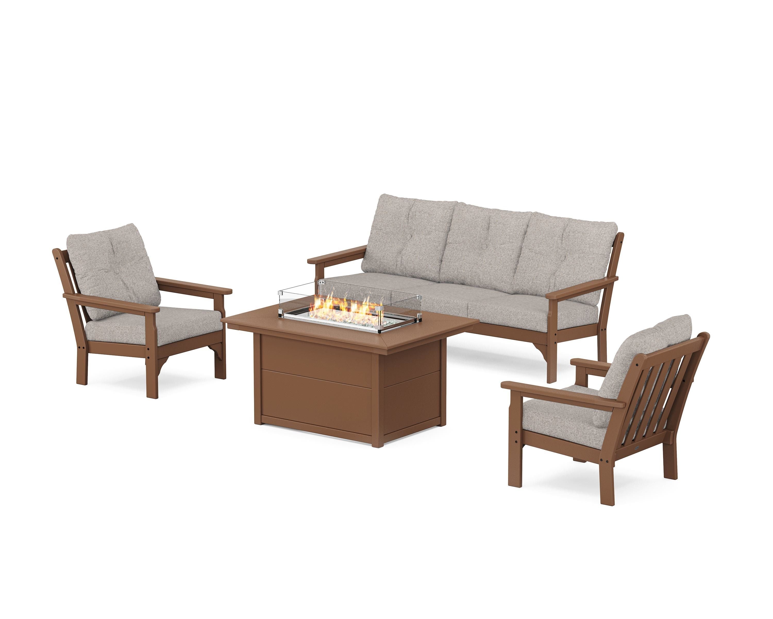 POLYWOOD Vineyard Deep Seating Fire Pit Table Set in Teak / Weathered Tweed