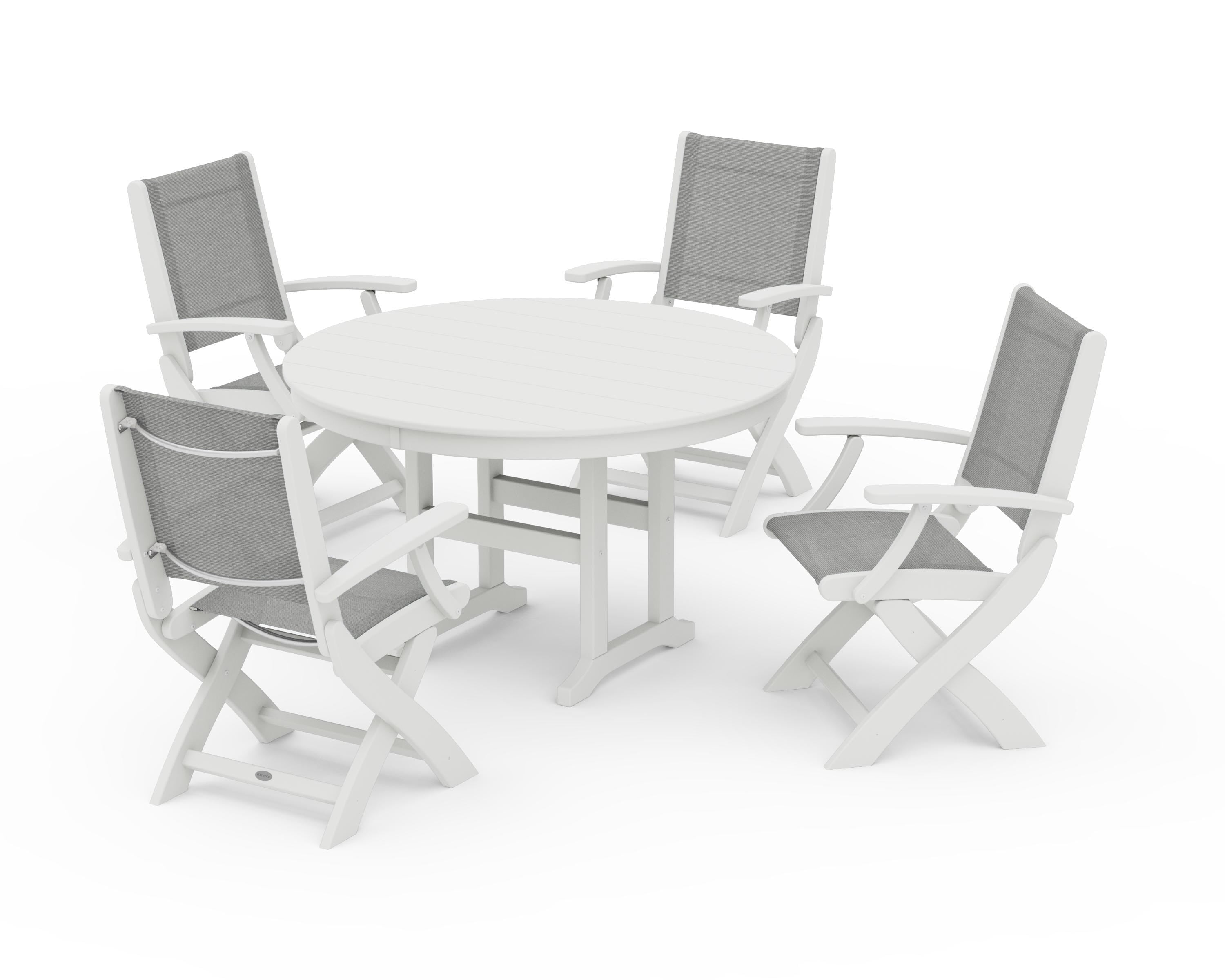 POLYWOOD Coastal Folding Chair 5-Piece Round Dining Set in Vintage White / Metallic Sling