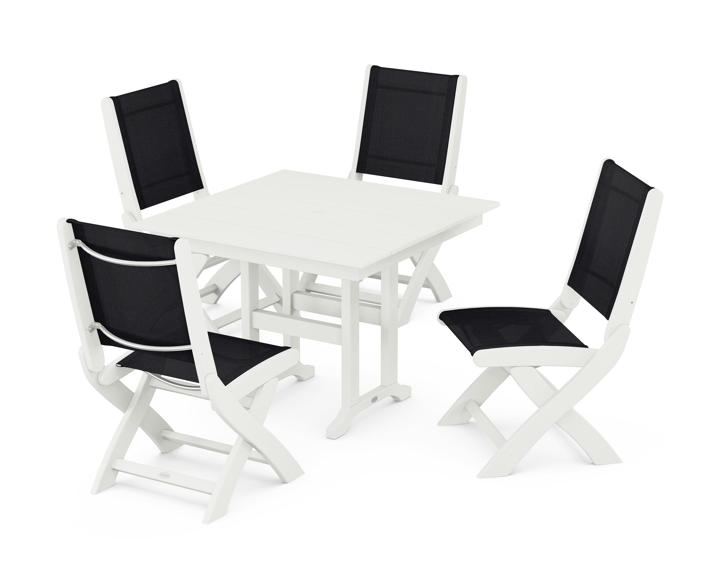 POLYWOOD Coastal Folding Side Chair 5-Piece Farmhouse Dining Set in Vintage White / Black Sling