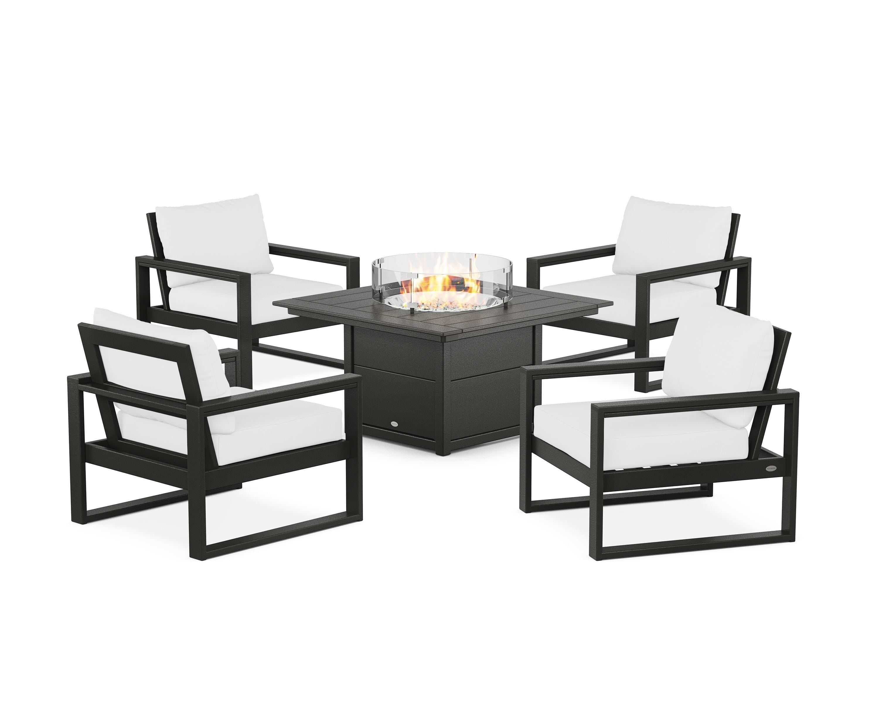 POLYWOOD EDGE Sectional 5-Piece Deep Seating Set with Fire Pit Table in Black / Natural