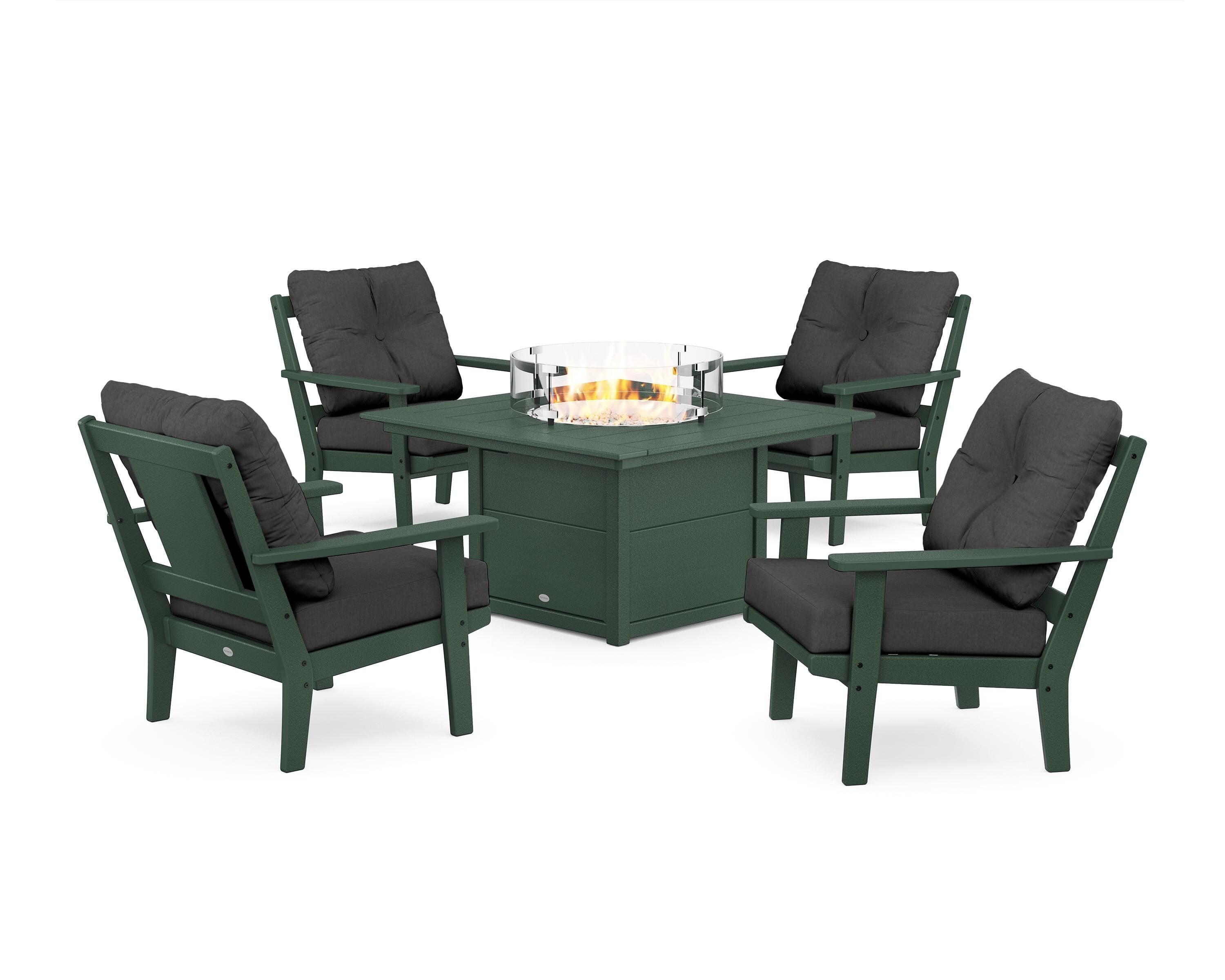 POLYWOOD Prairie 5-Piece Deep Seating Set with Fire Pit Table in Green / Spectrum Carbon